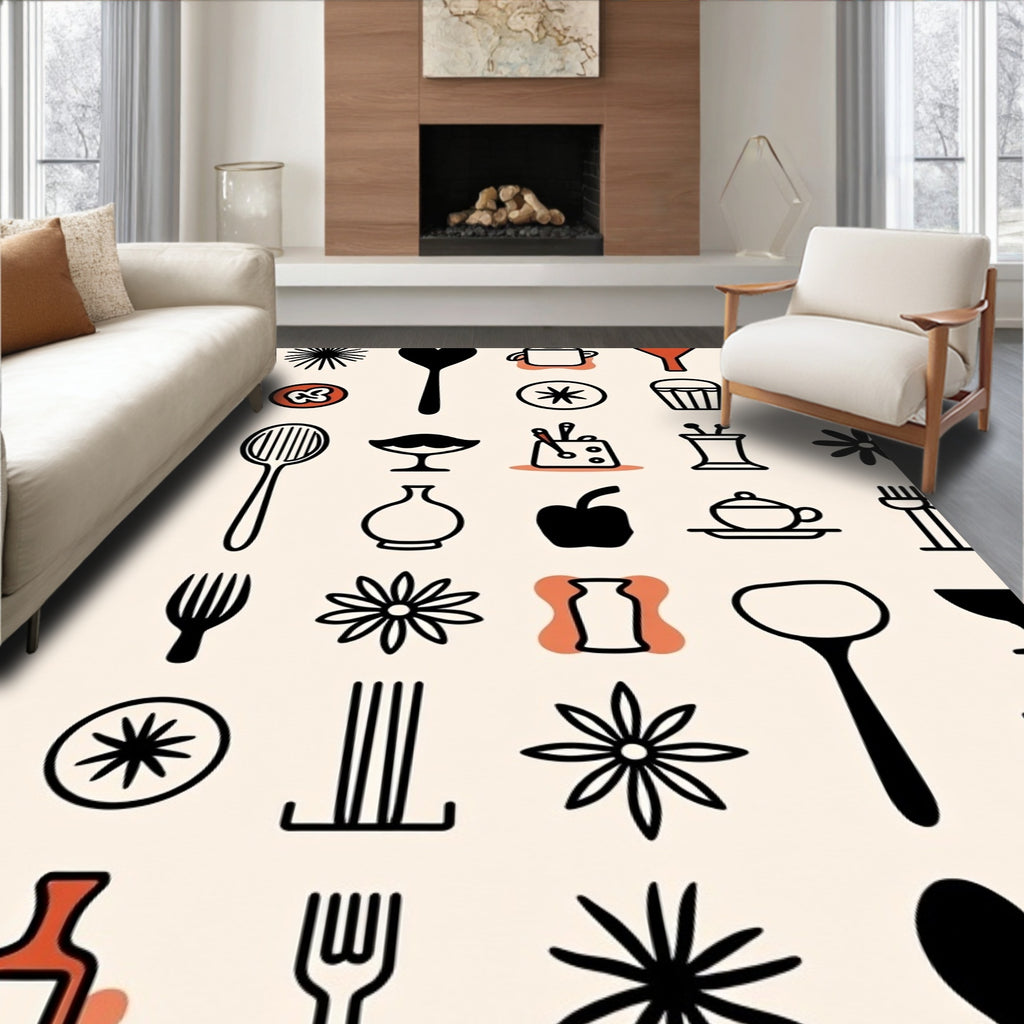 Retro Kitchenware And Flower Graphic Rug