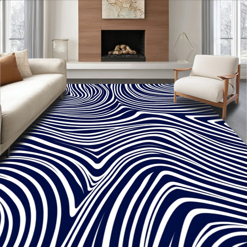 Abstract Navy White Wavy Lines Rug