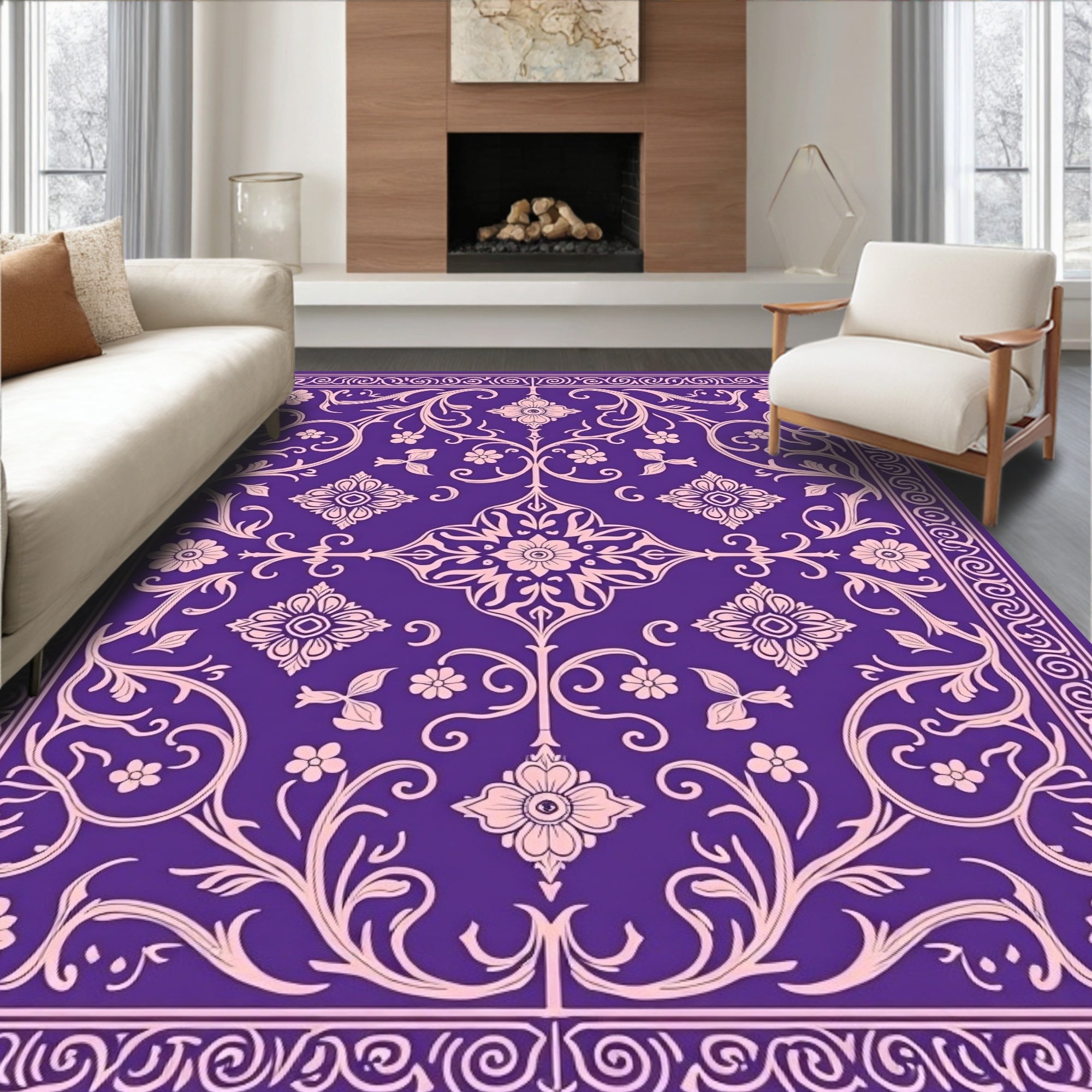 Grand Floral Patterned Purple Rug
