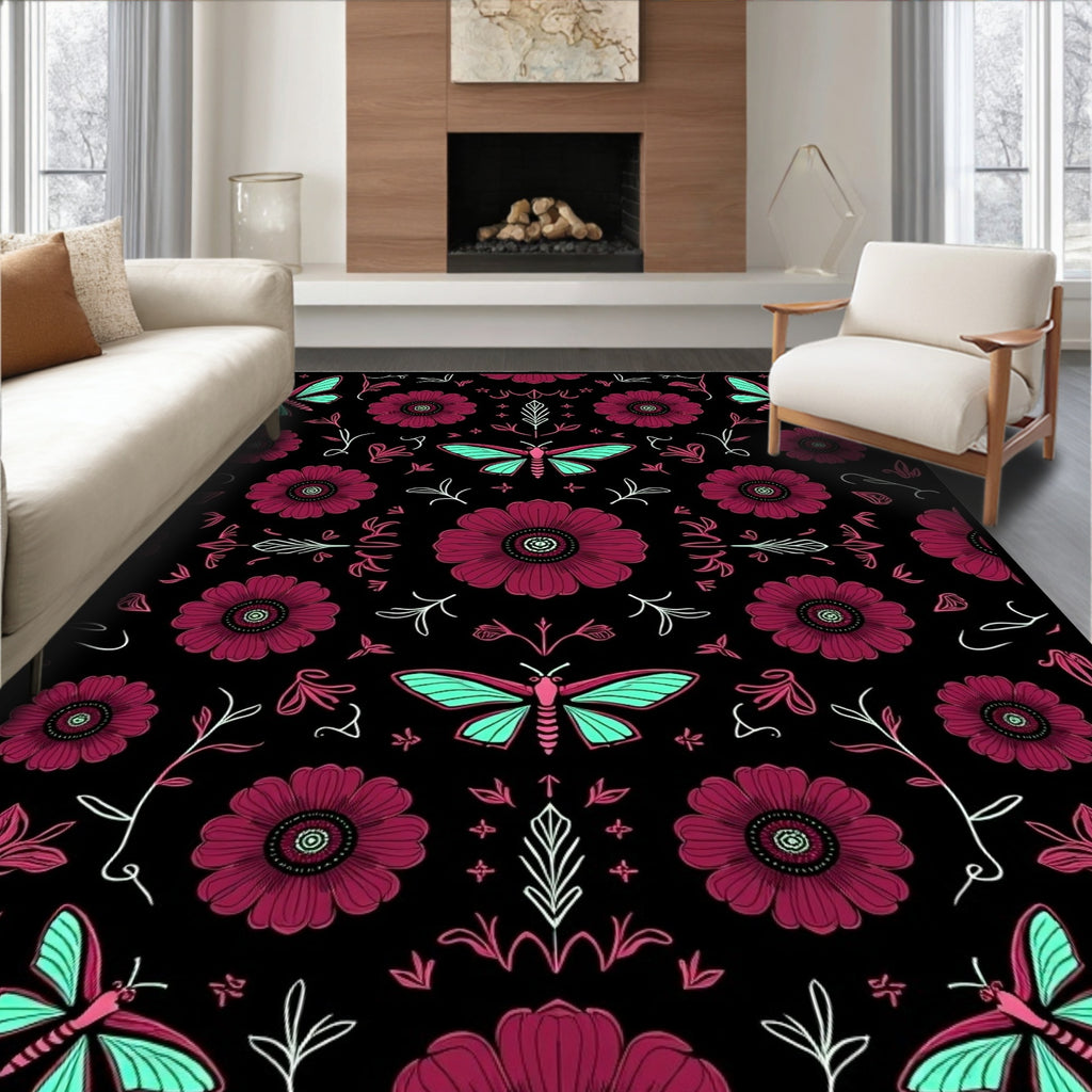 Crimson Flower Turquoise Butterfly Collage Rug