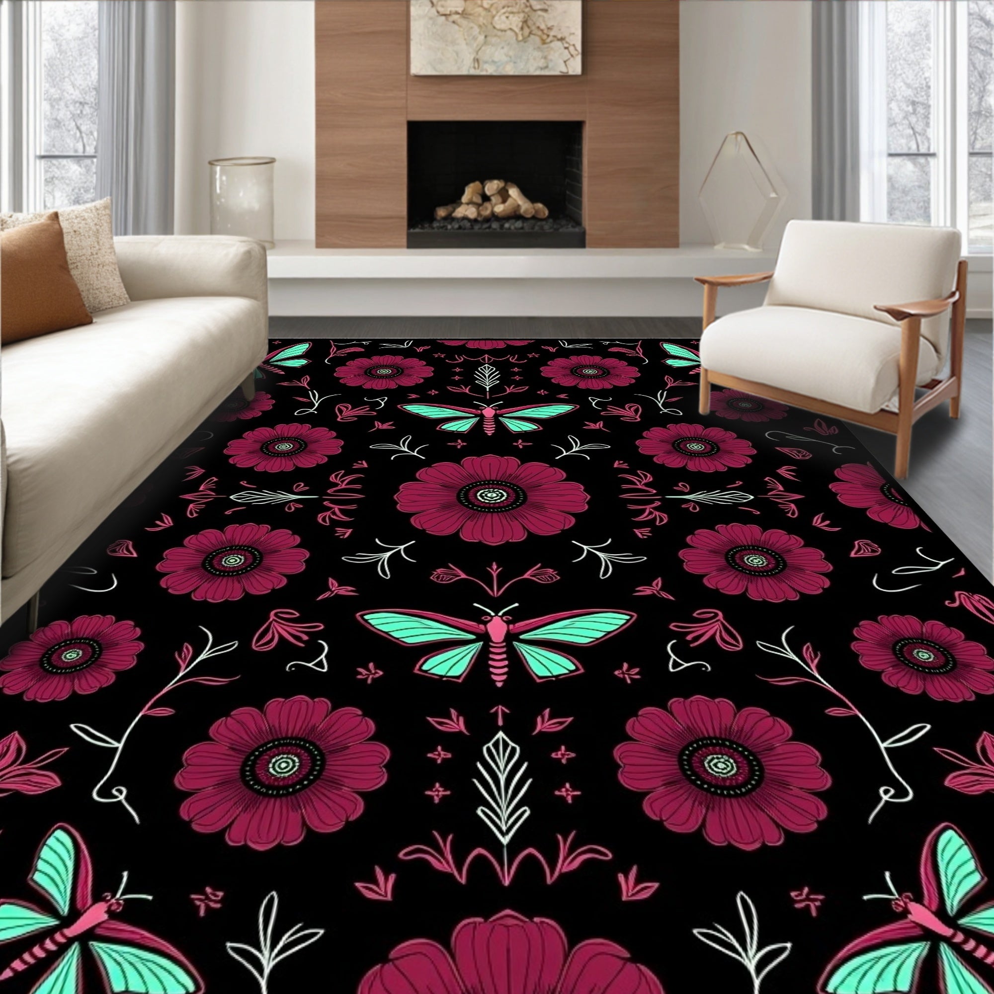 Crimson Flower Turquoise Butterfly Collage Rug