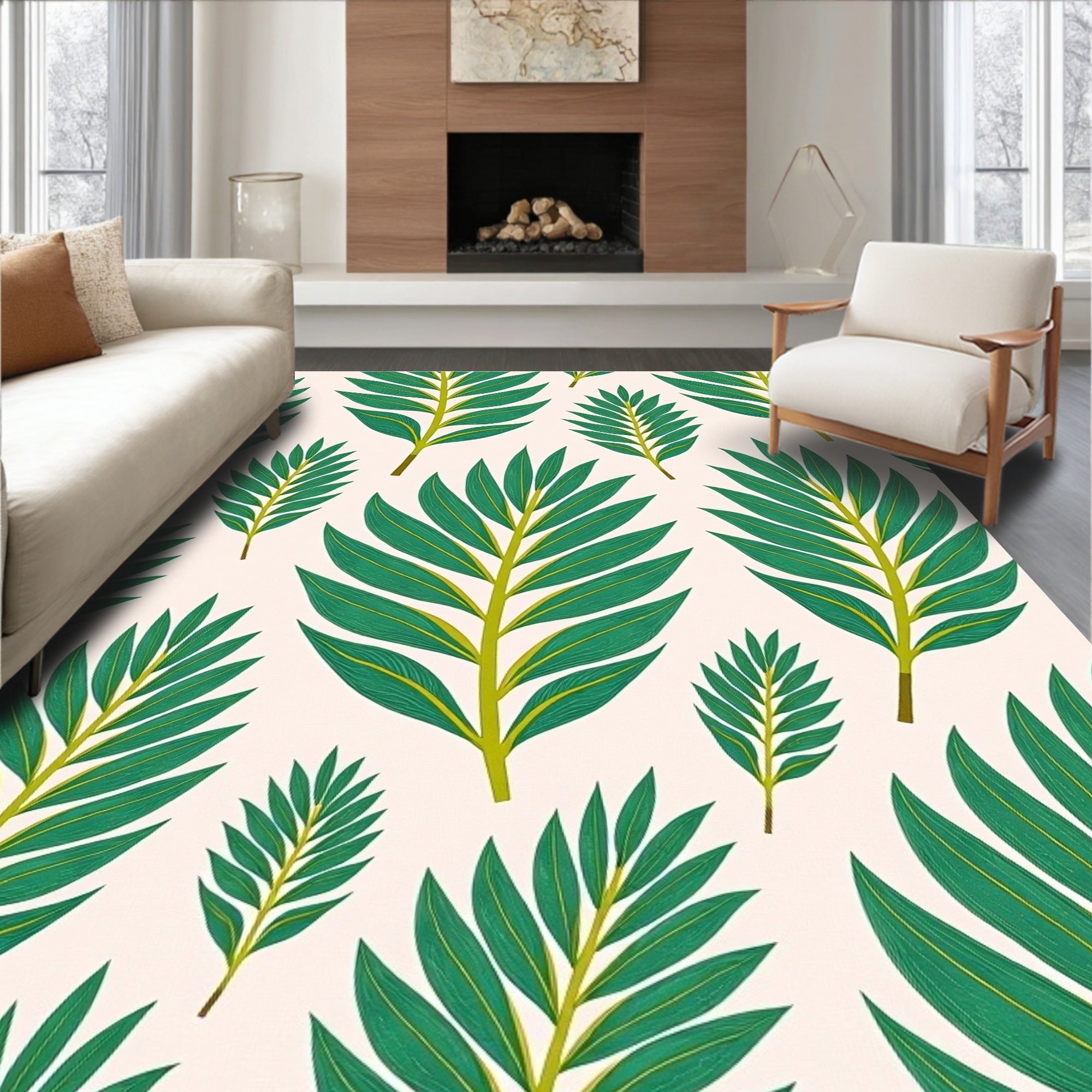 Green Leaf Patterned Modern Rug