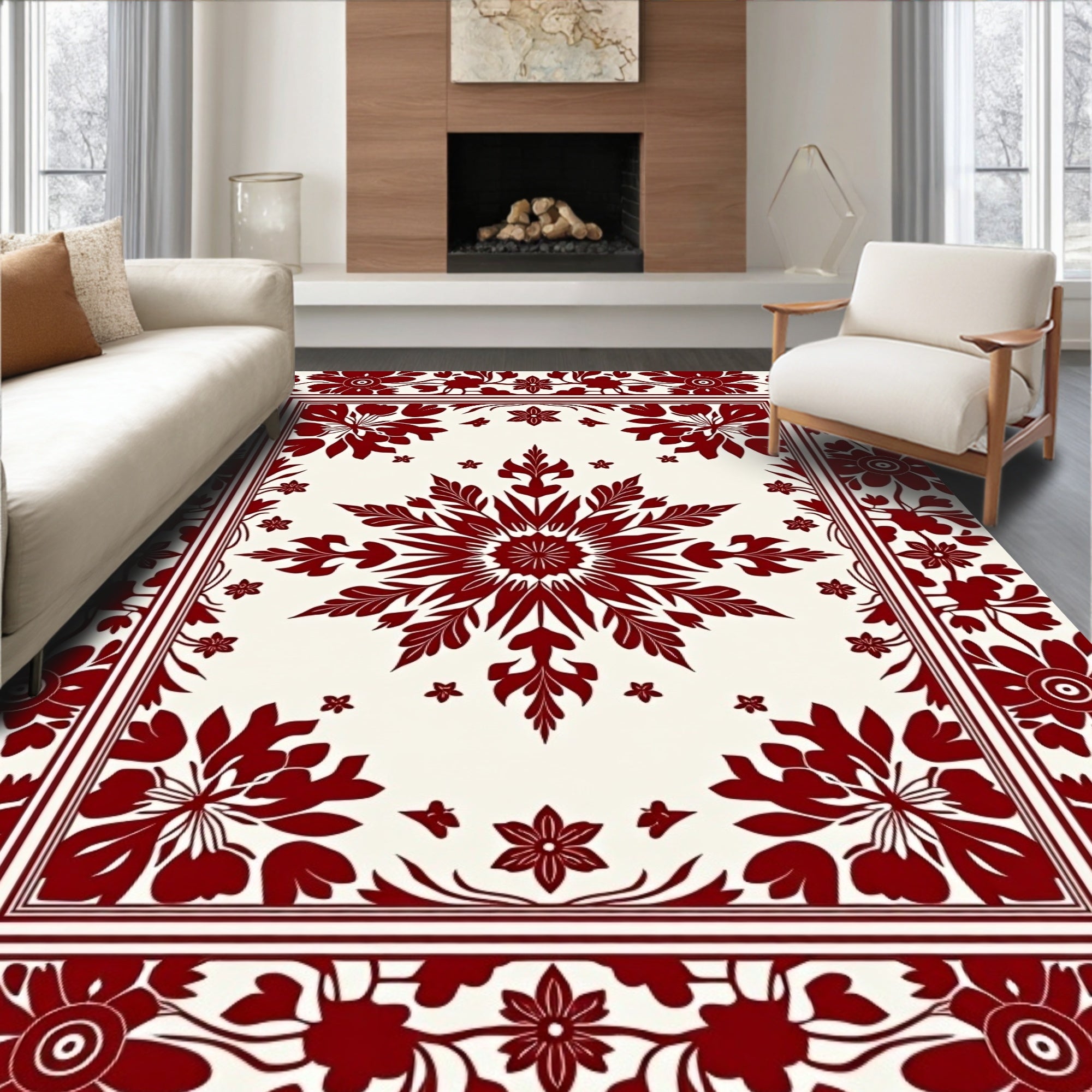 Deep Red Floral Border Medallion Design Rug