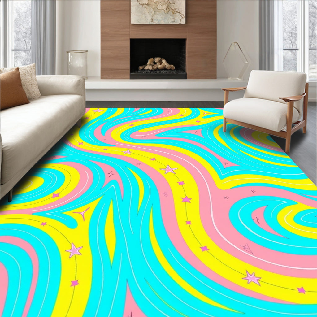 Whimsical Wavy Pink Yellow Turquoise Star Rug