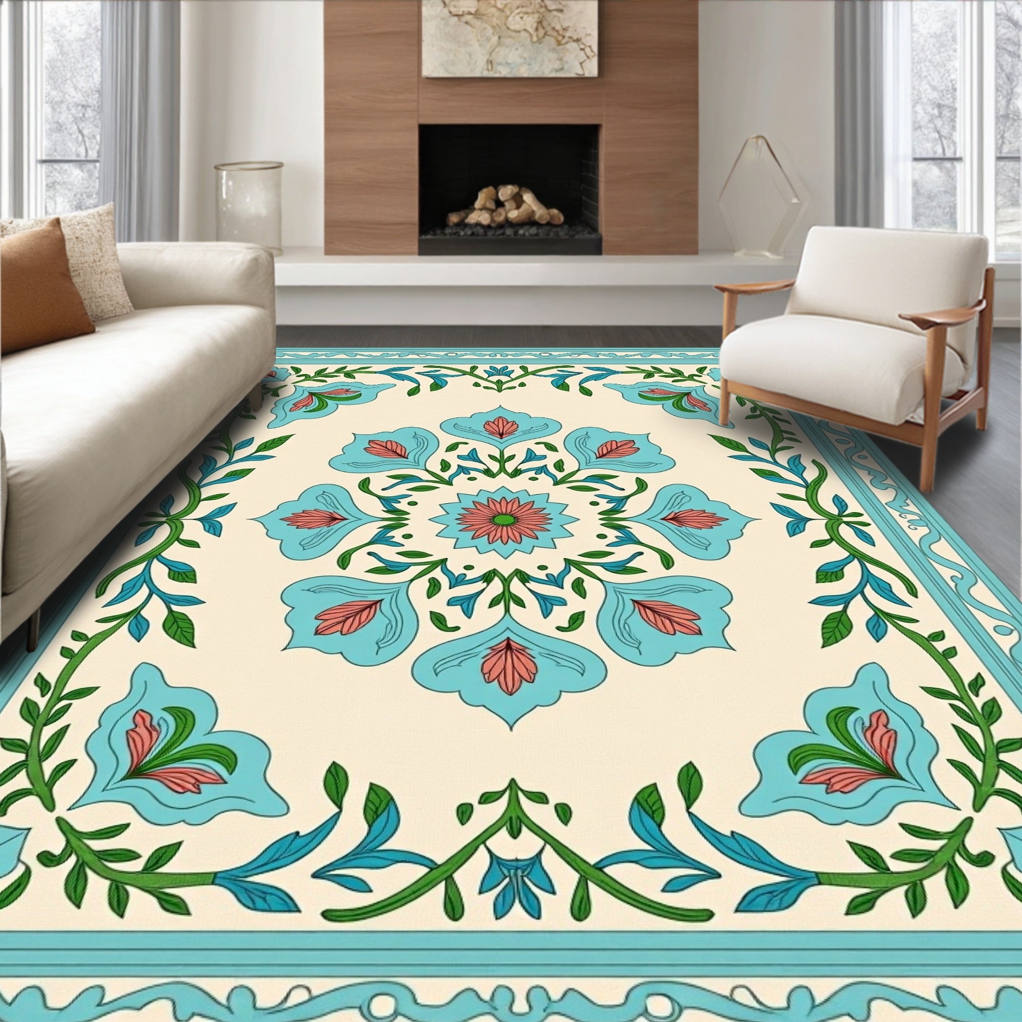 Turquoise Floral Medallion Cream Rug