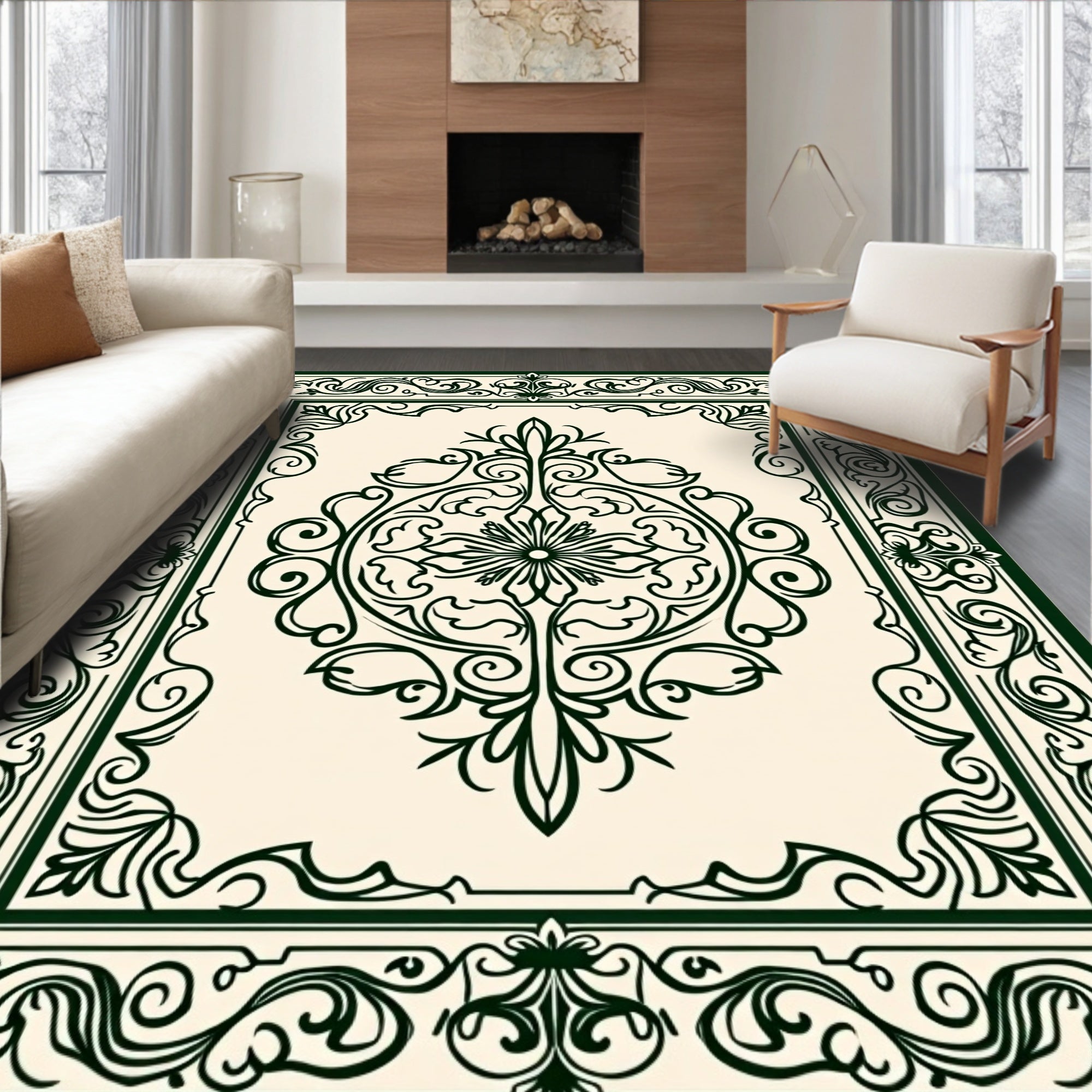 Deep Green Scrollwork Floral Medallion Rug