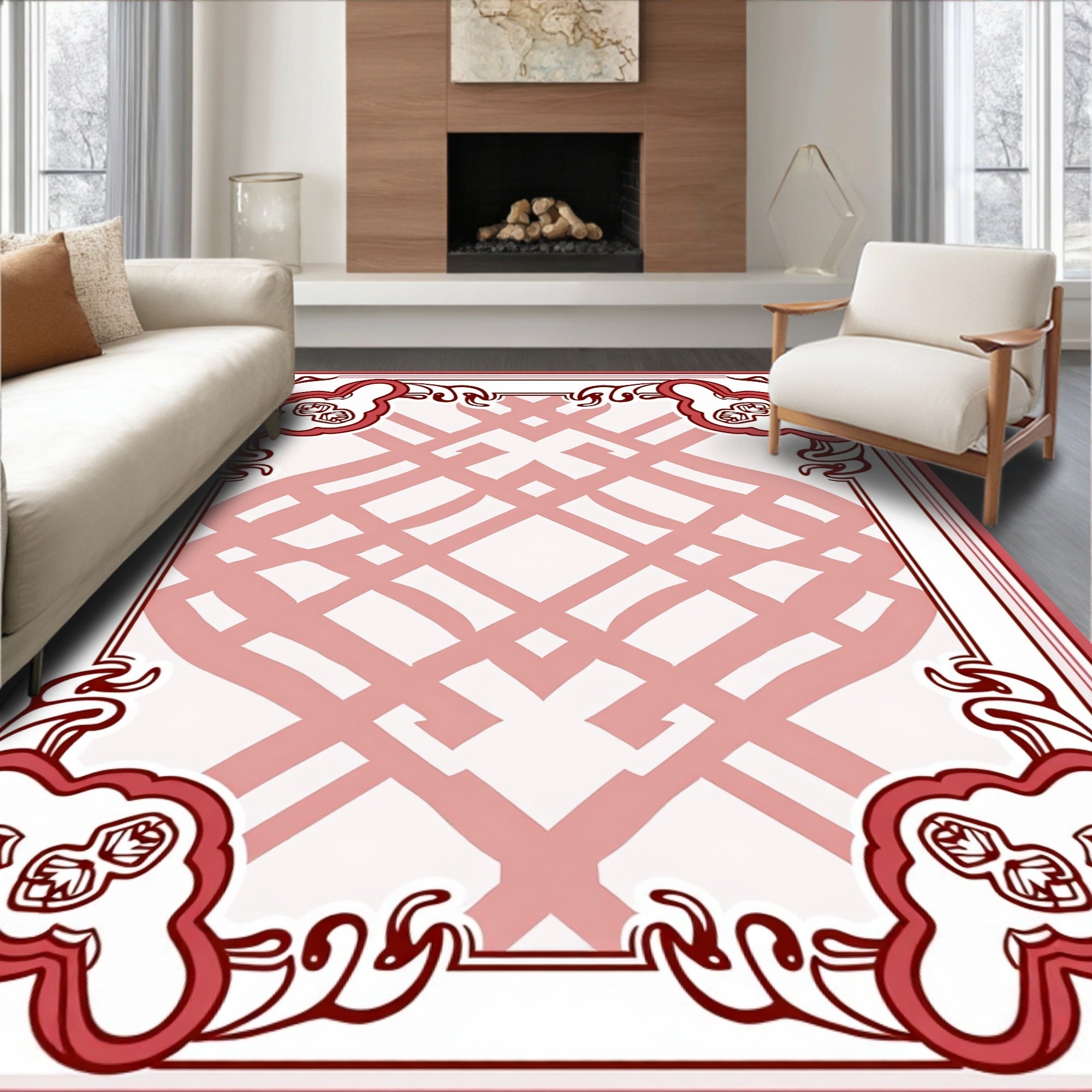 Art Nouveau Floral Red White Design Rug