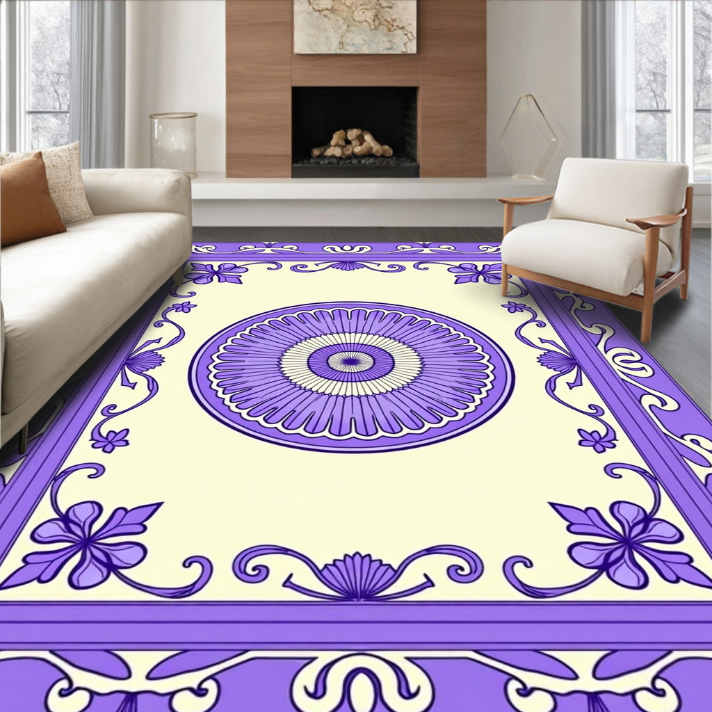 Elegant Lavender Floral Medallion Border Rug