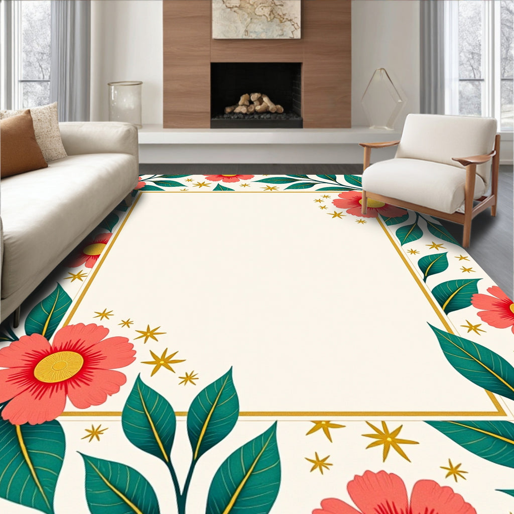 Coral Floral Detailed Leaf Pattern Rug