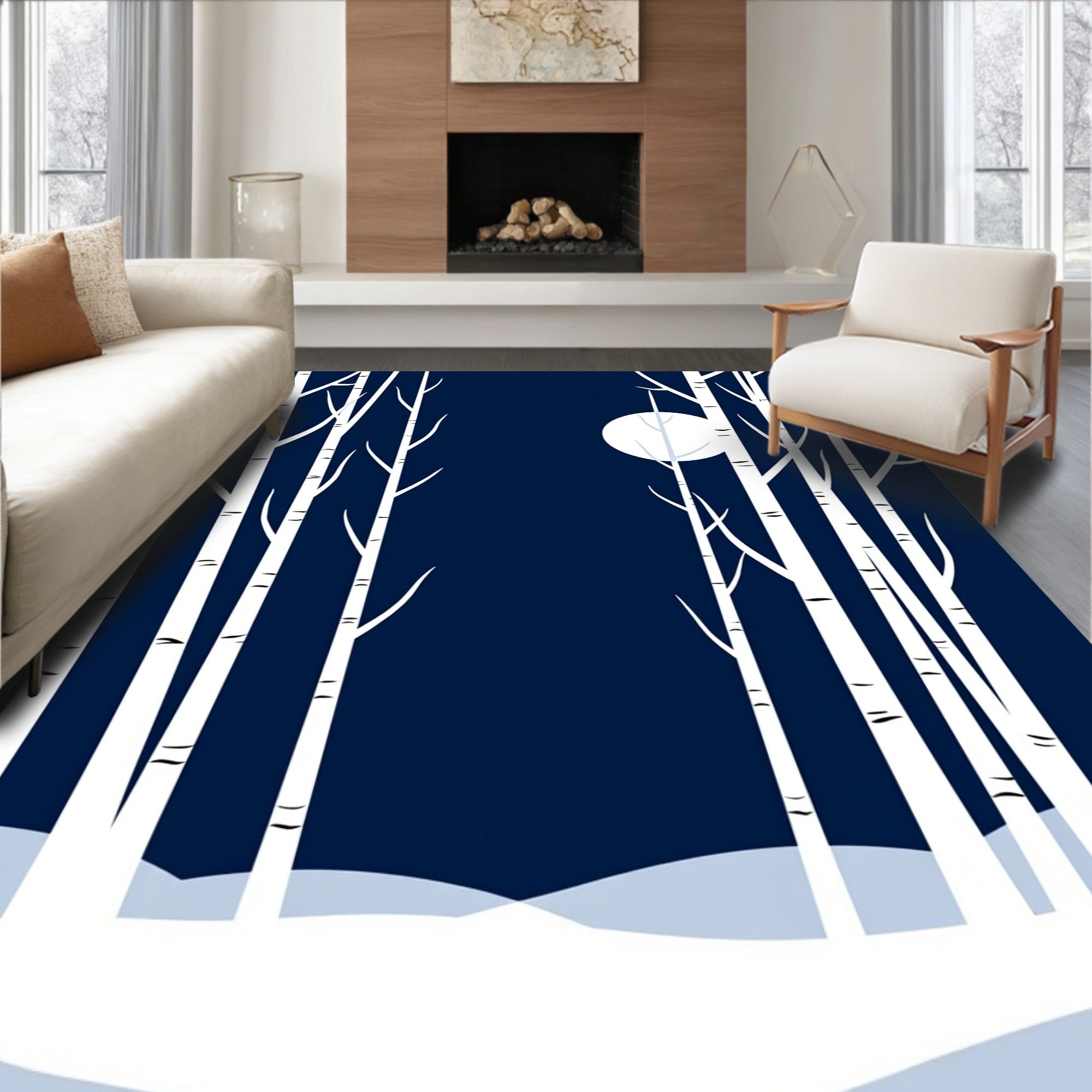 Midnight Birch Trees Winter Scene Rug