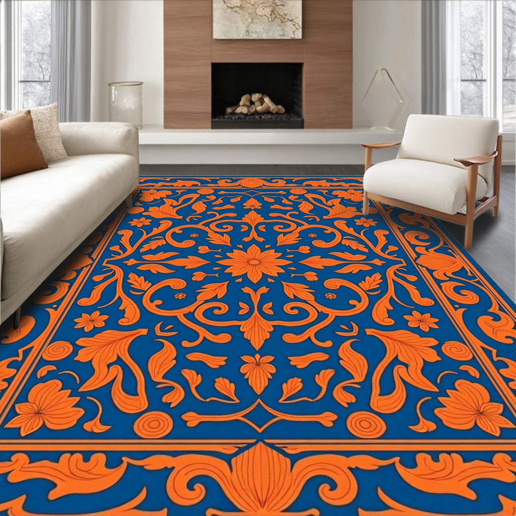 Elegant Orange Floral Damask Design Rug
