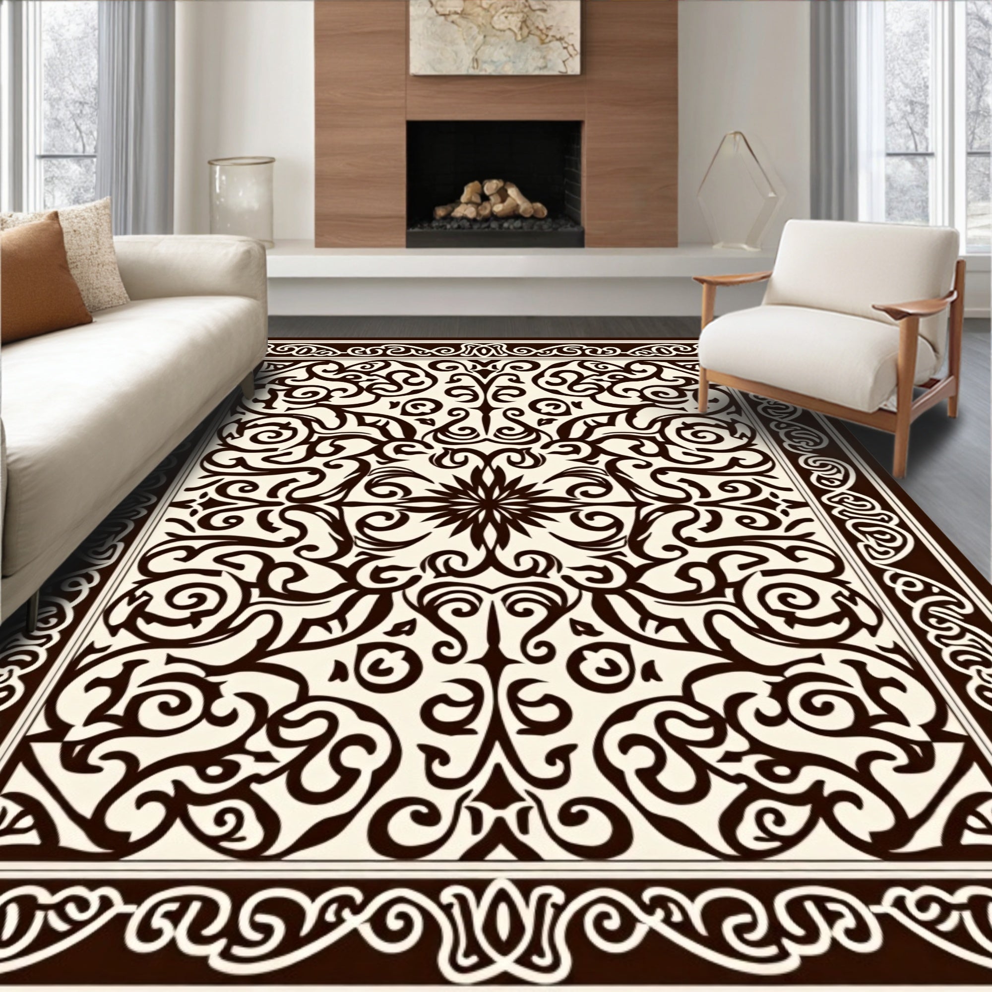 Ornate Dark Floral Swirl Pattern Rug
