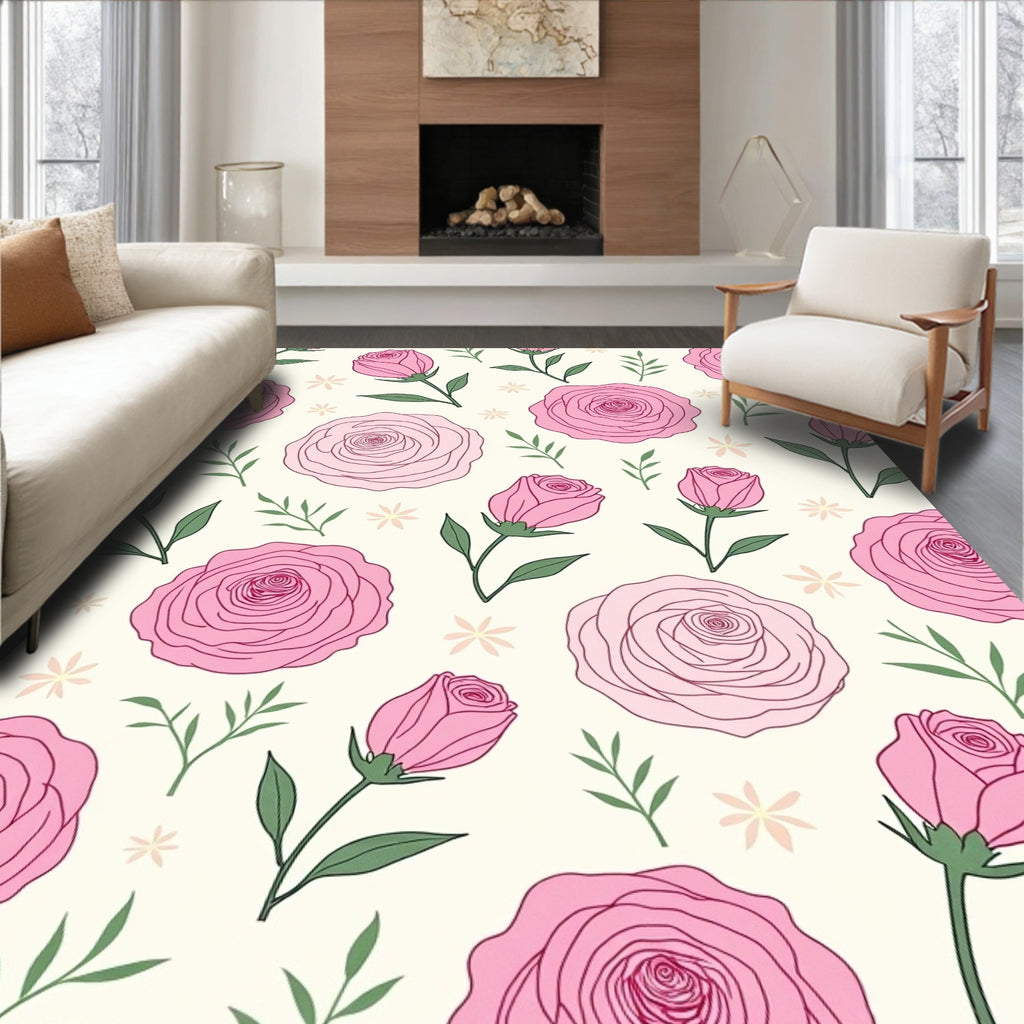 Pink Roses Botanical Pattern Rug