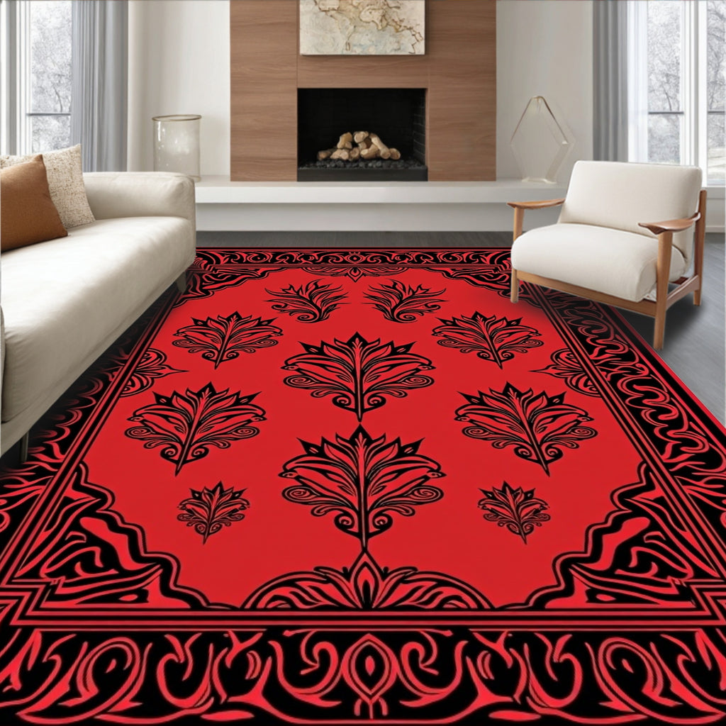 Bold Floral Pattern Red Black Rug