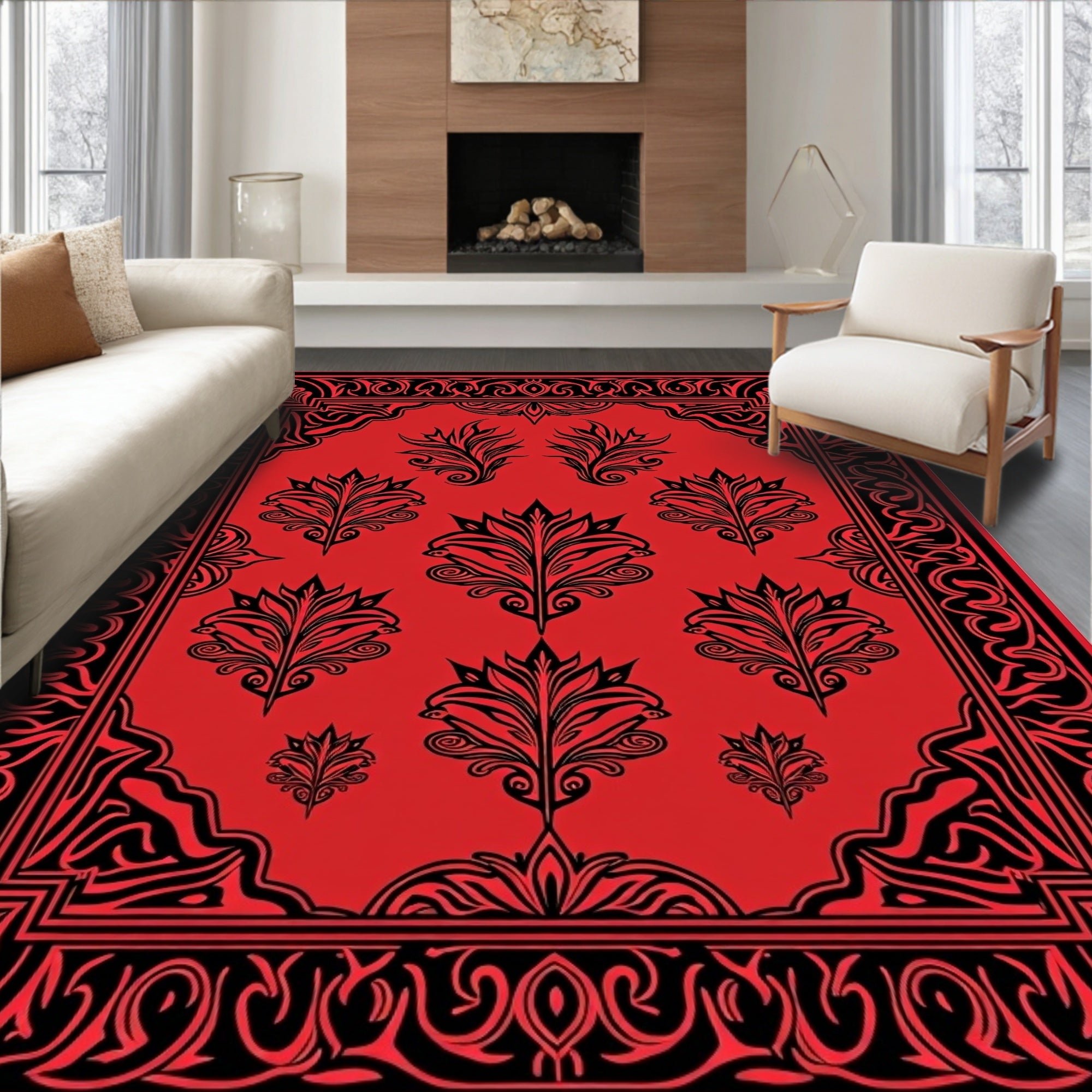 Bold Floral Pattern Red Black Rug