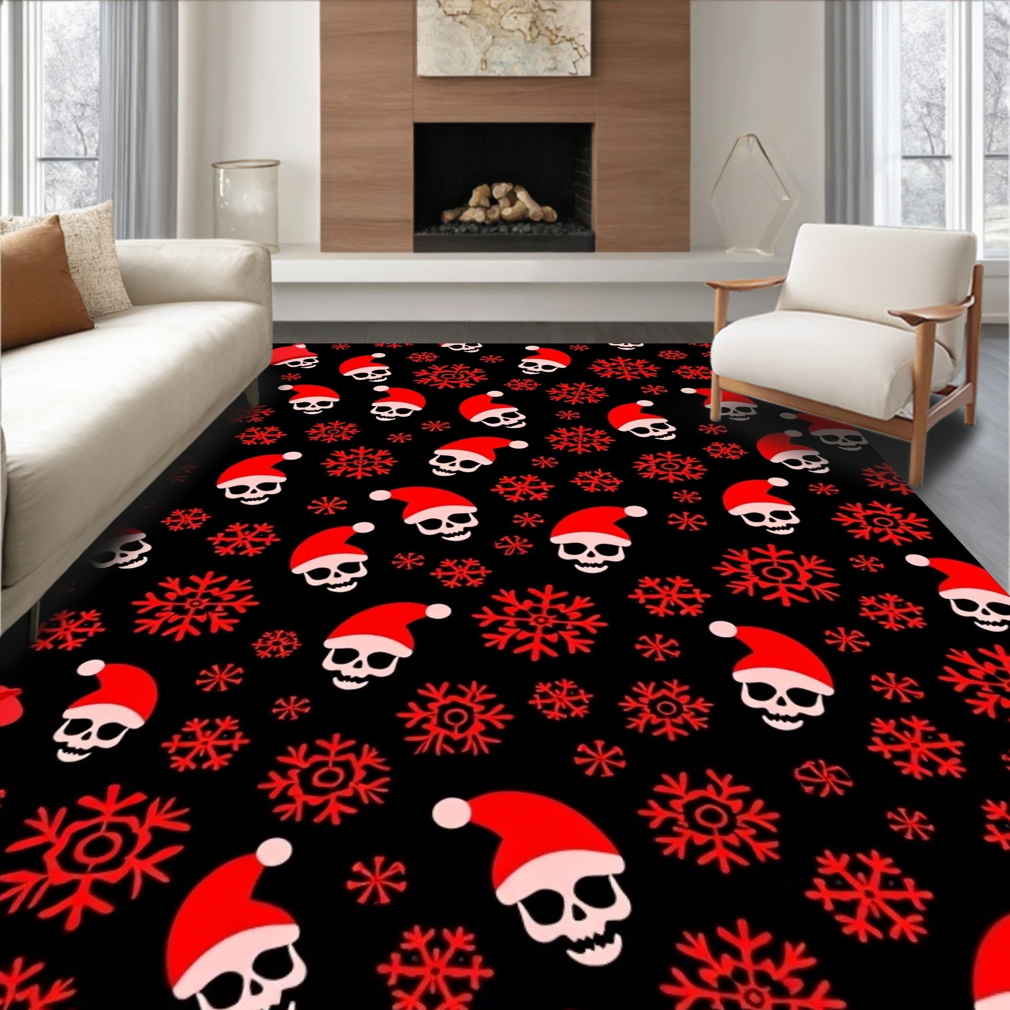 Red Skull Snowflakes Christmas Rug