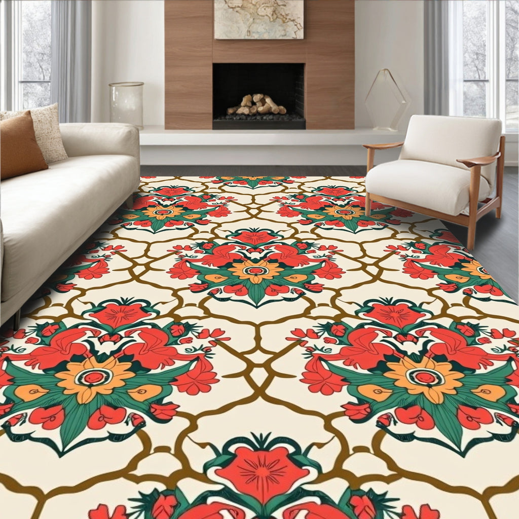 Floral Lattice Red Green Pattern Rug