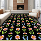 Pink Floral Pattern with Black Background Rug