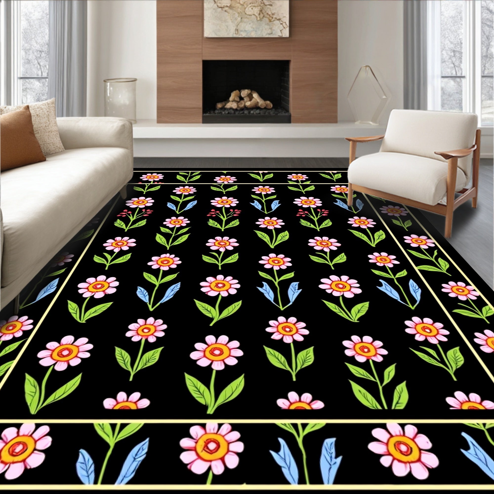 Pink Floral Pattern with Black Background Rug