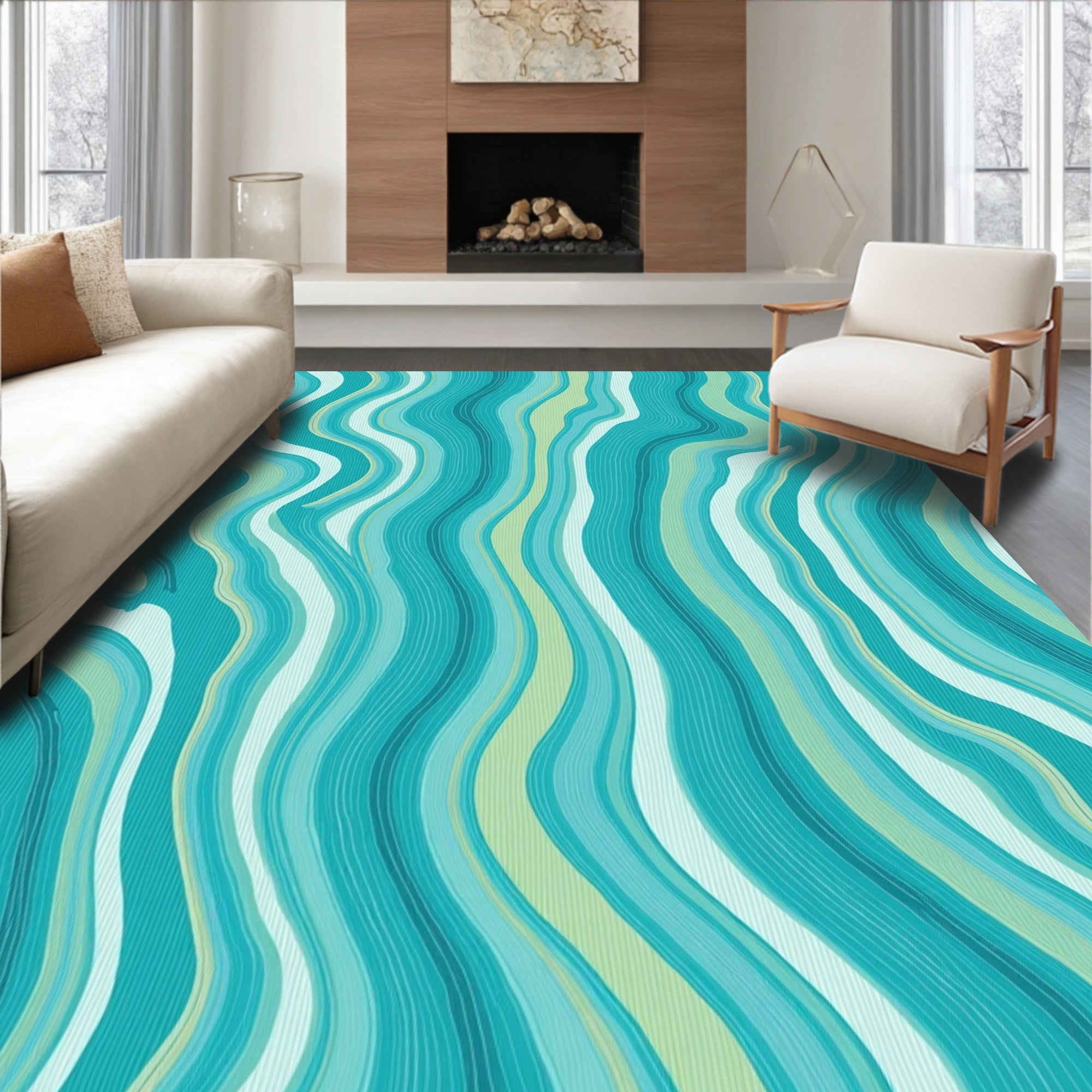 Teal Wavy Fluid Abstract Rug