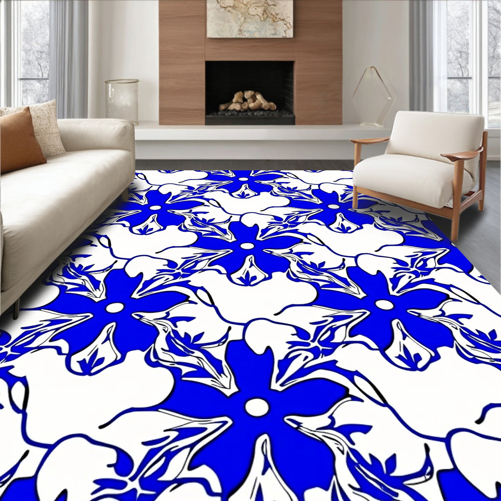 Bold Blue White Floral Pattern Rug