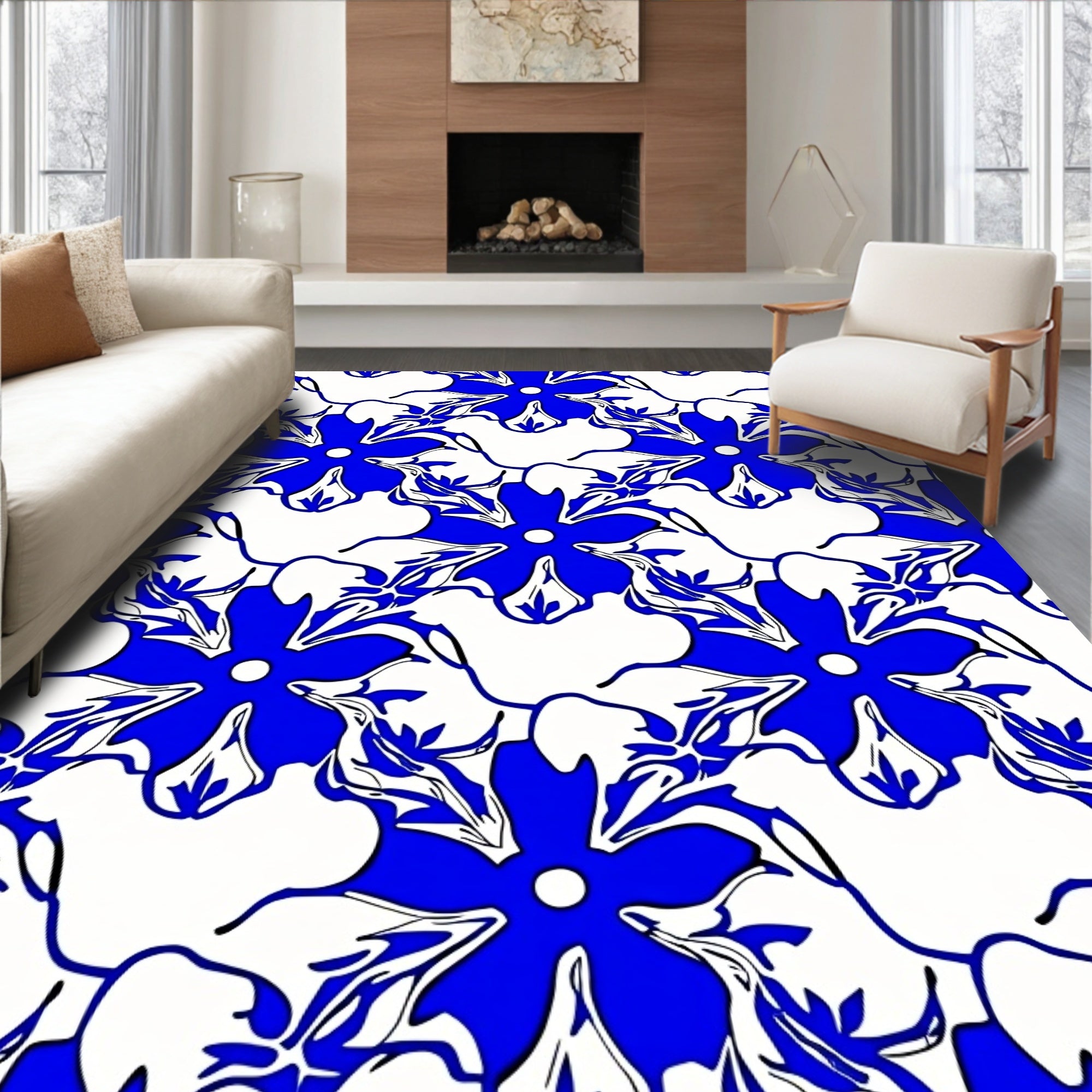 Bold Blue White Floral Pattern Rug