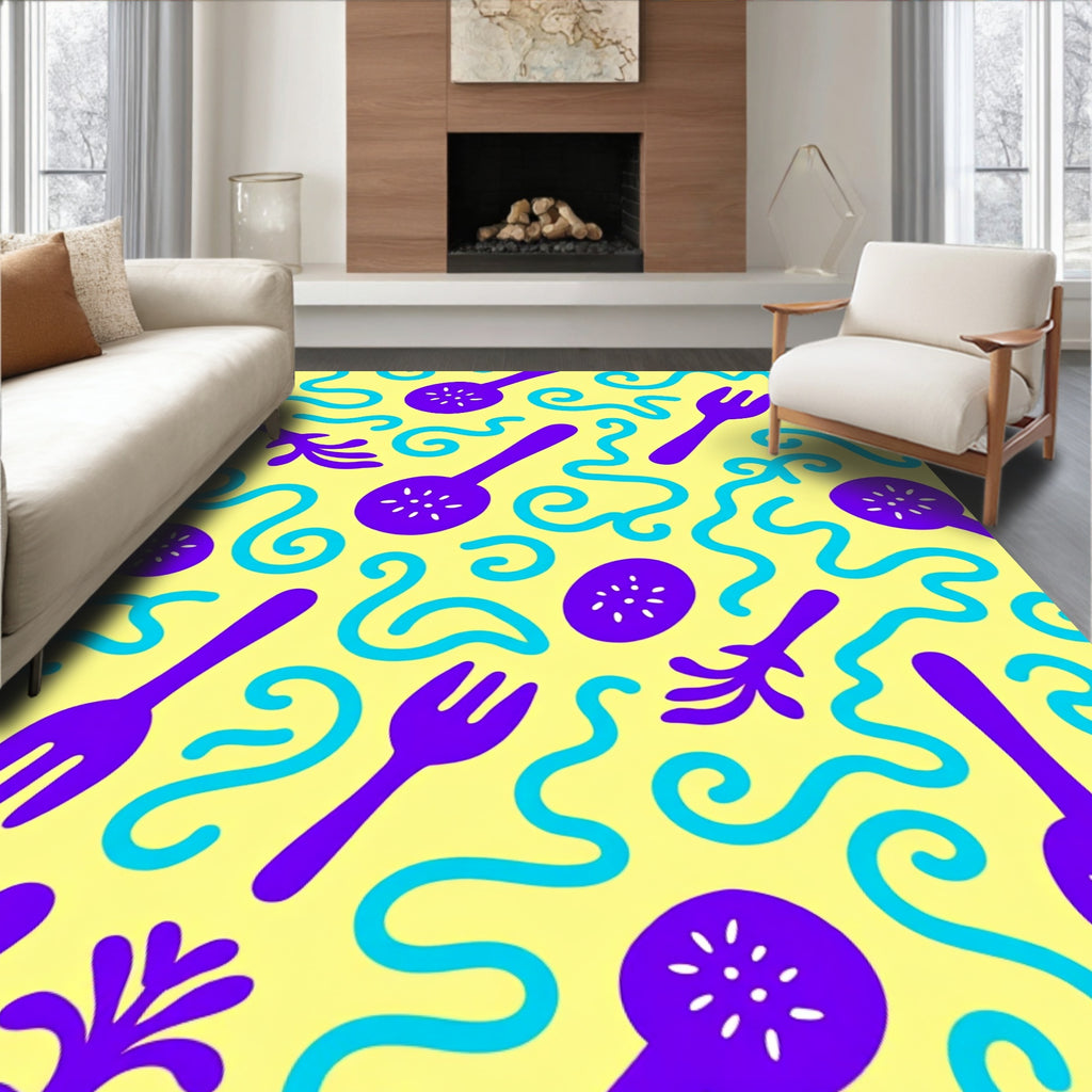 Playful Purple Utensils Swirling Waves Rug