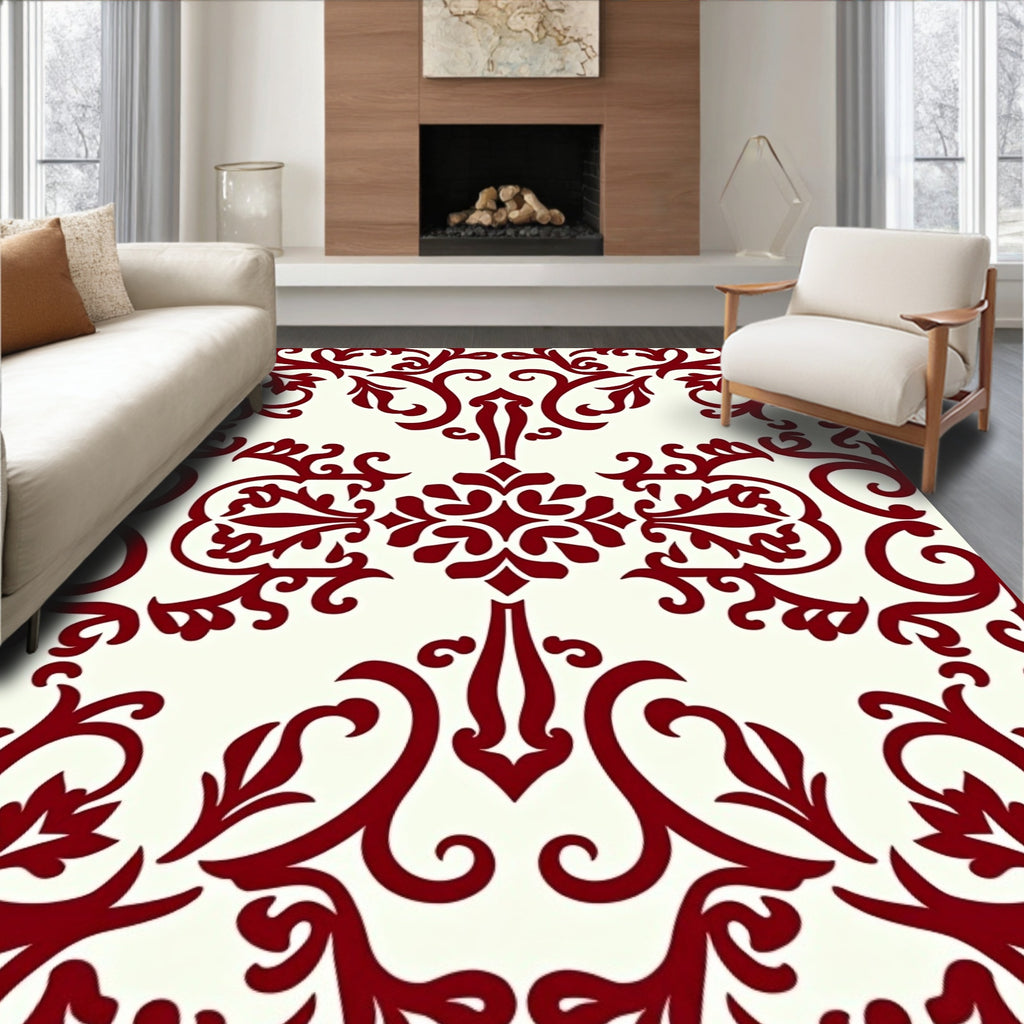 Rich Red Leaf Scroll Pattern Rug