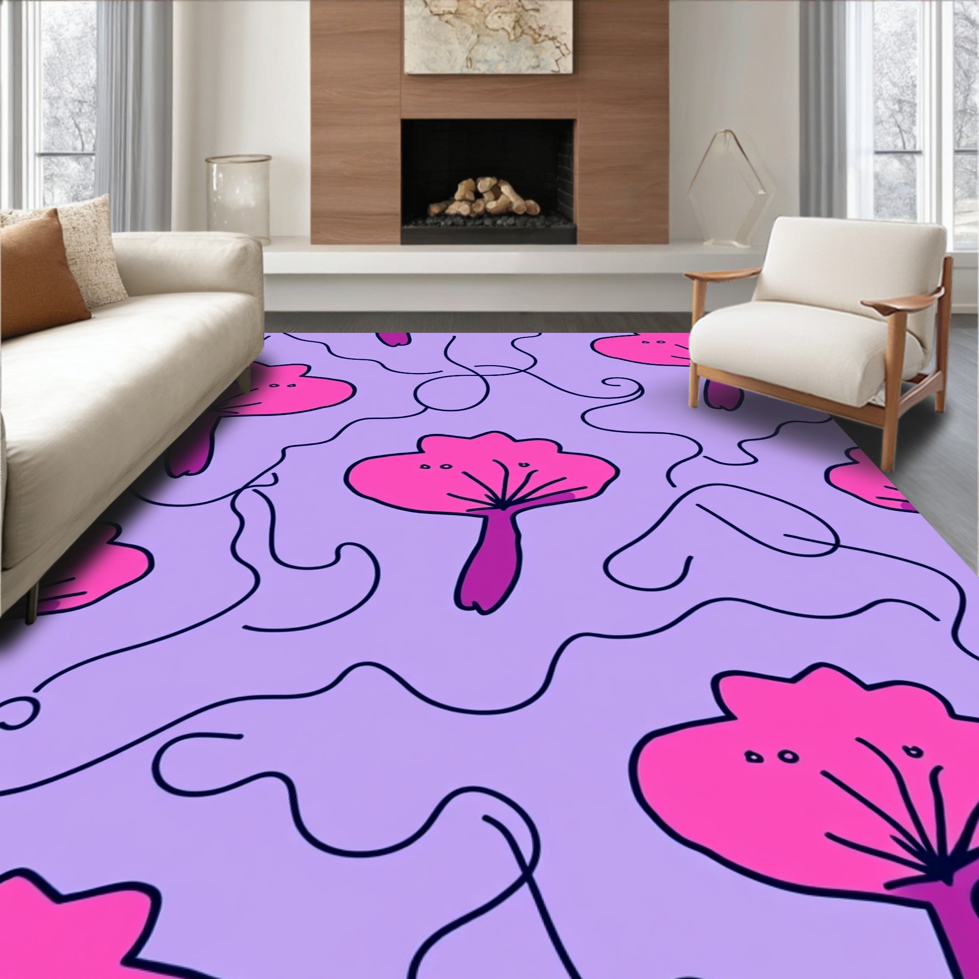 Pink Bloom With Wavy Lines Rug