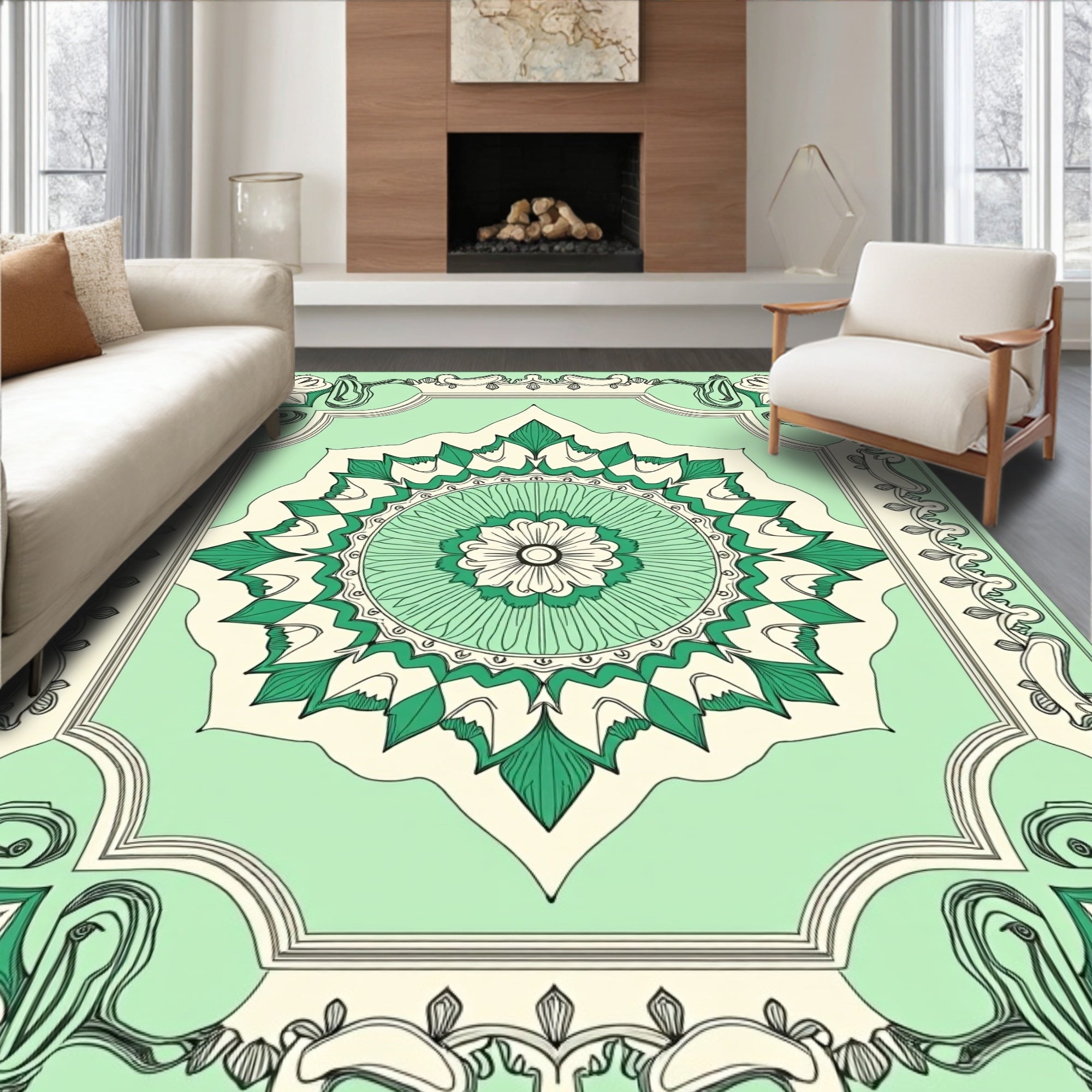 Green Floral Medallion Border Design Rug