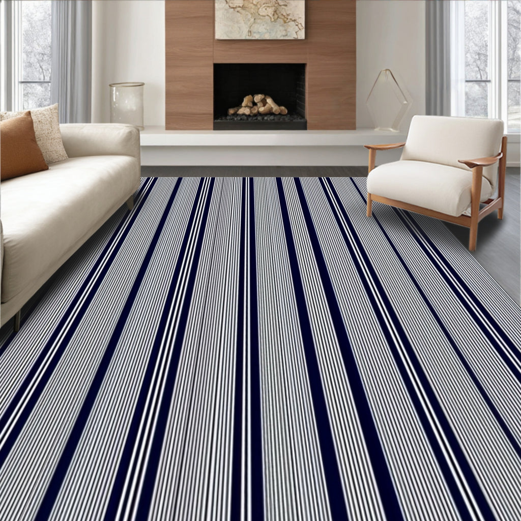 Classic Navy White Pinstripe Design Rug