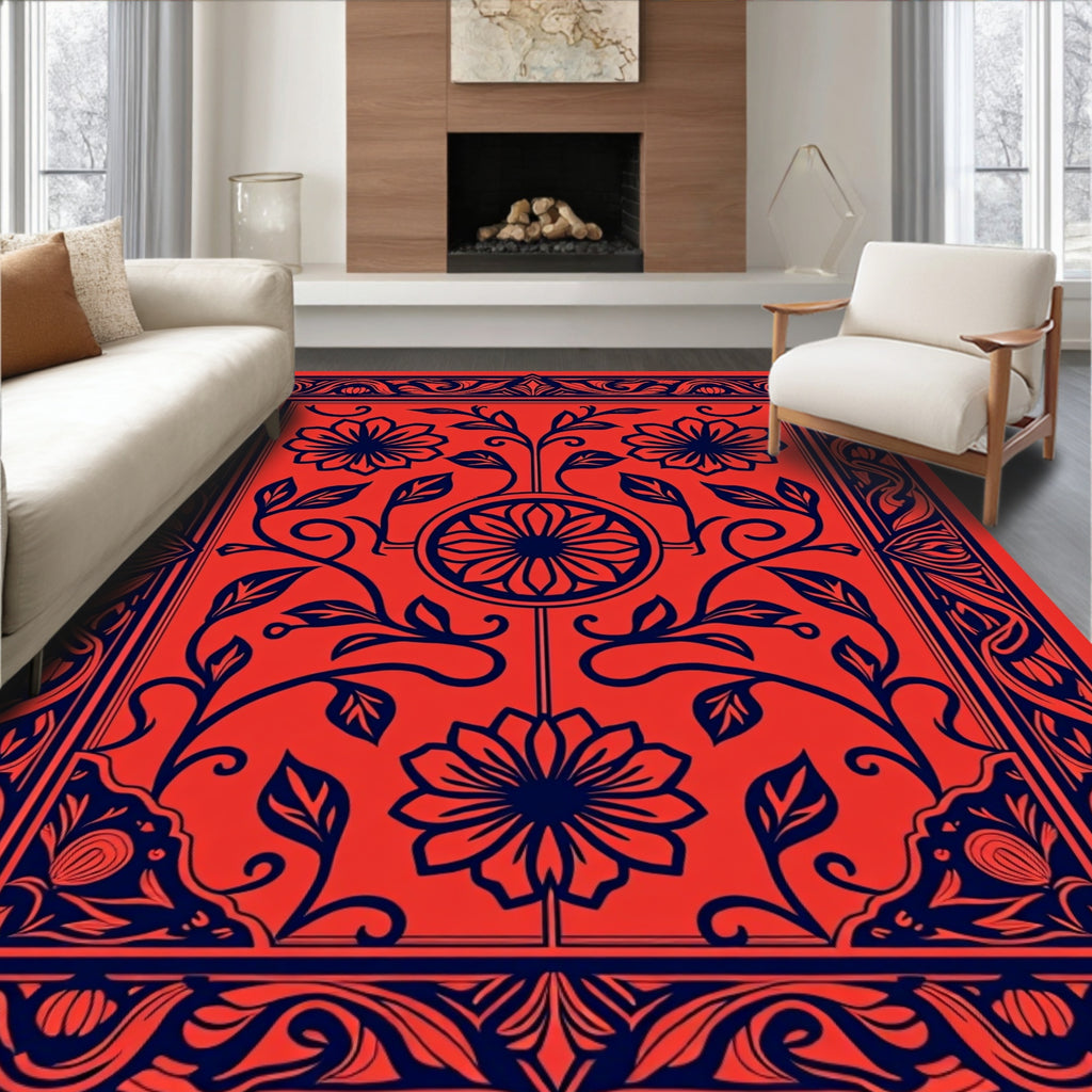 Vibrant Floral Scroll Border Design Rug