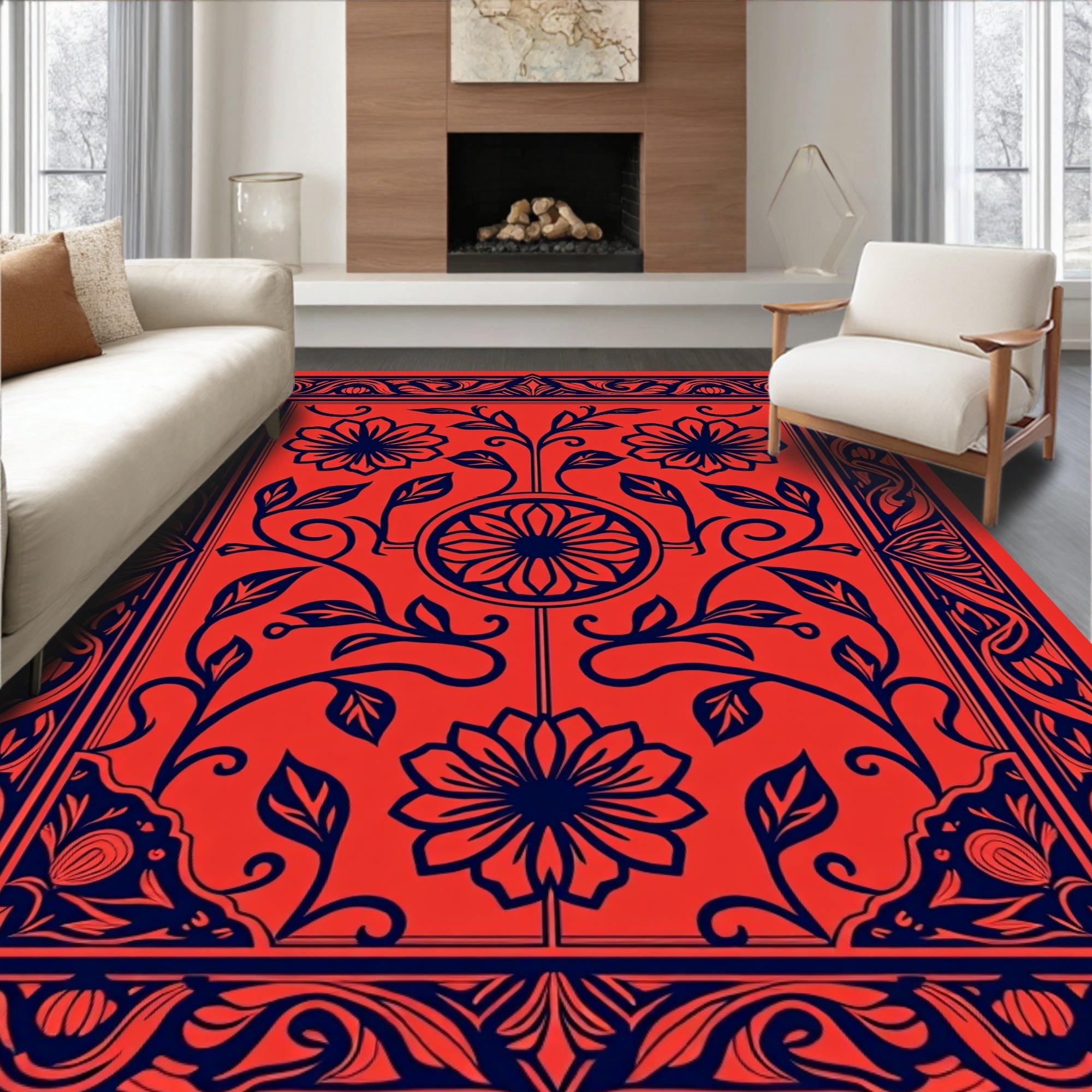 Vibrant Floral Scroll Border Design Rug