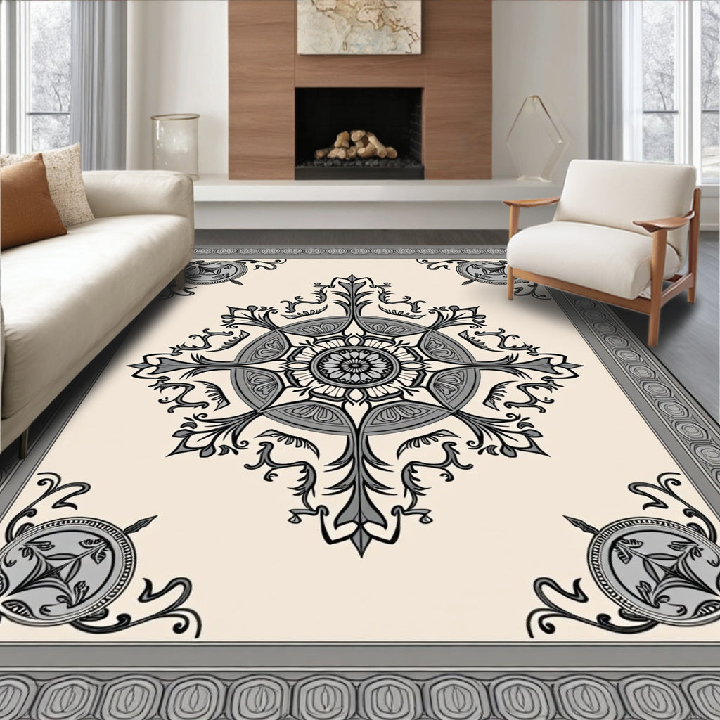 Ornate Grey Scrollwork Mandala Pattern Rug