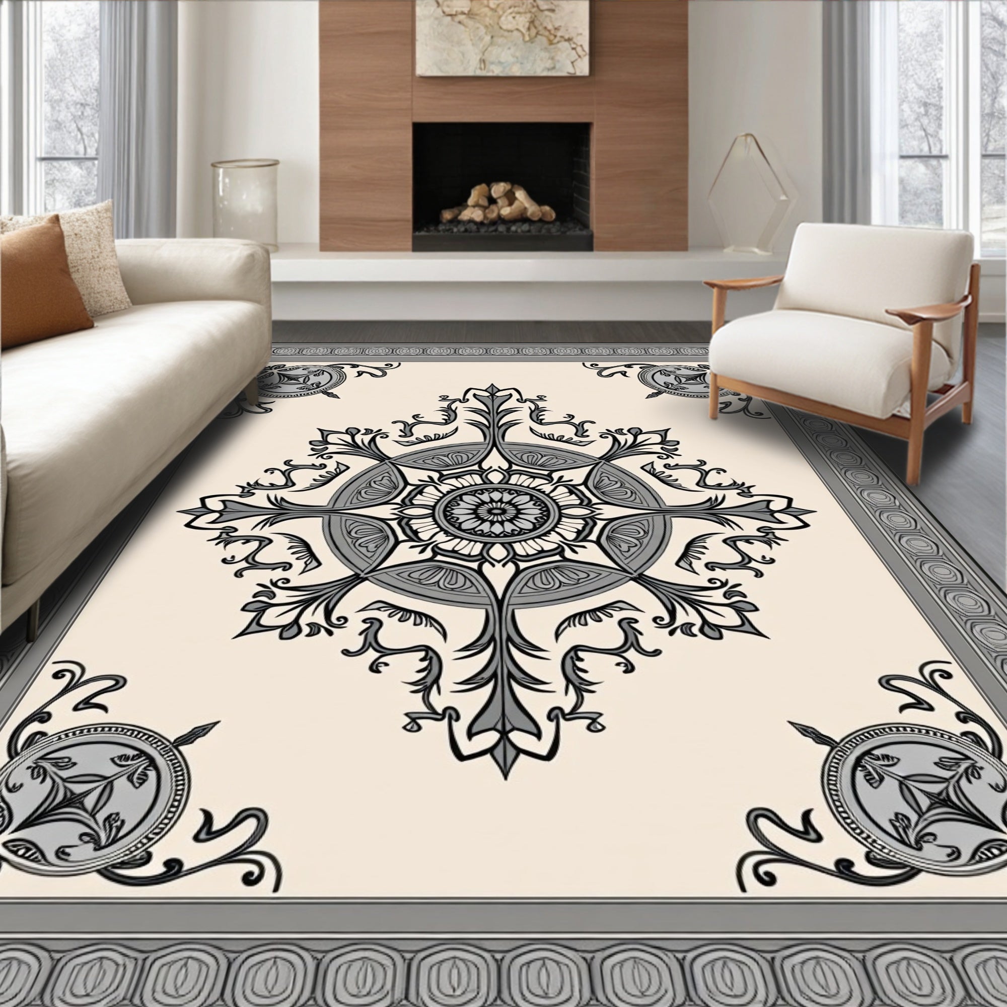 Ornate Grey Scrollwork Mandala Pattern Rug