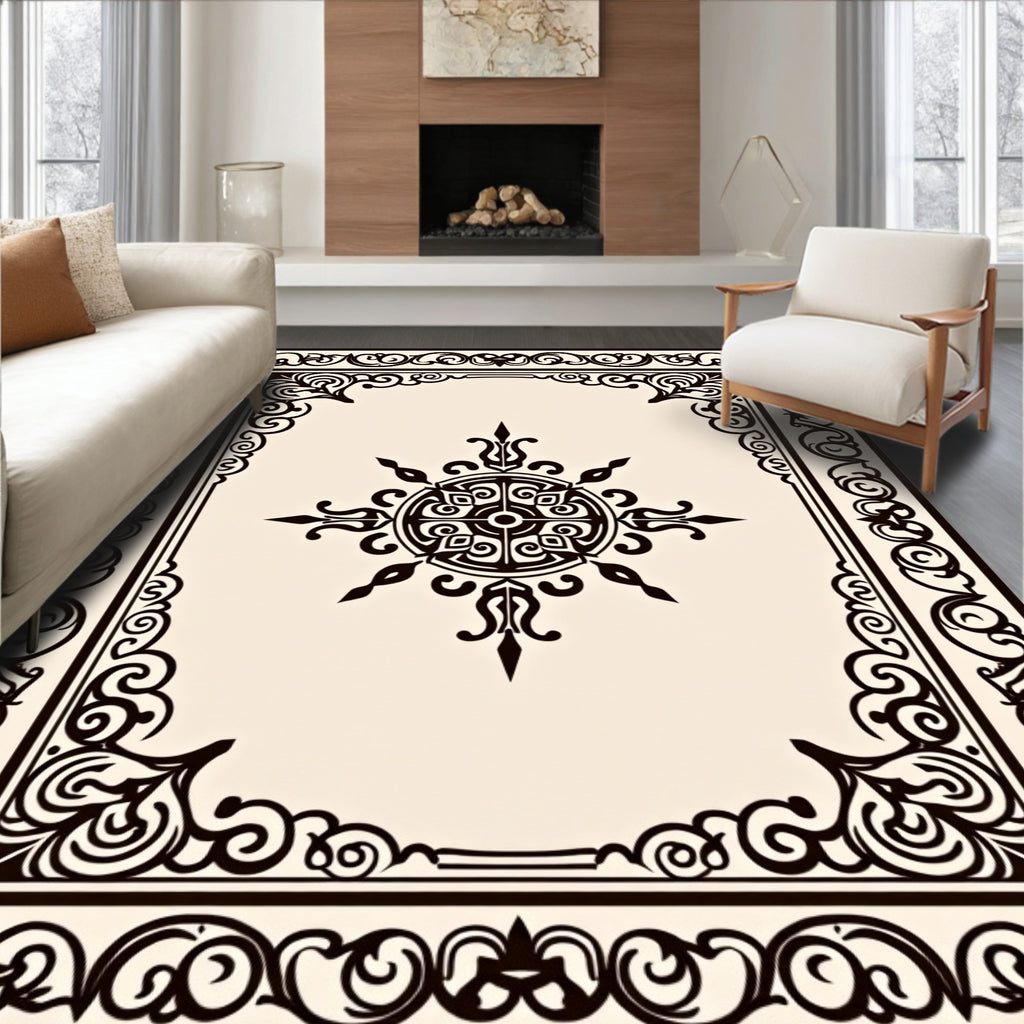 Ornate Black Cream Scrollwork Rug