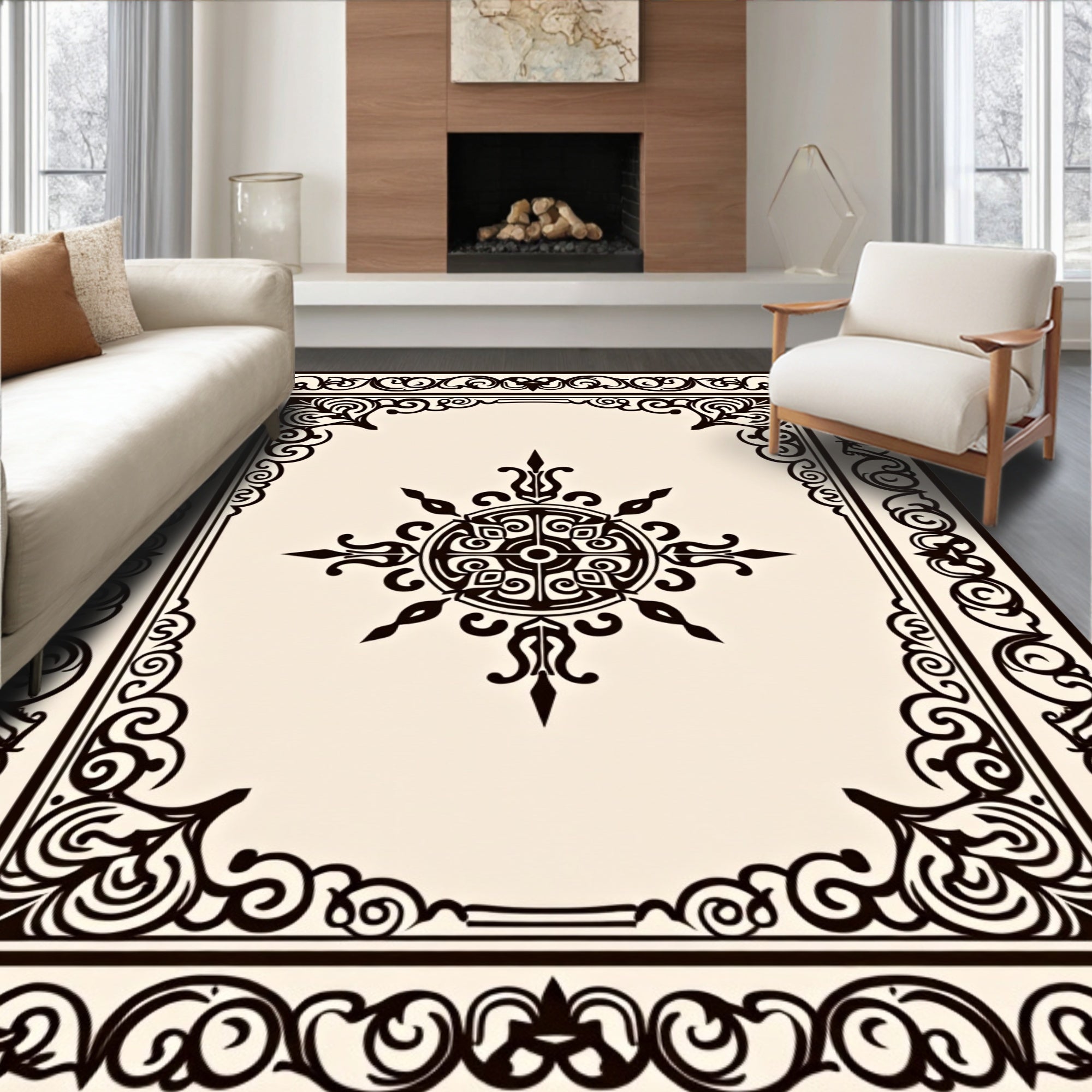Ornate Black Cream Scrollwork Rug