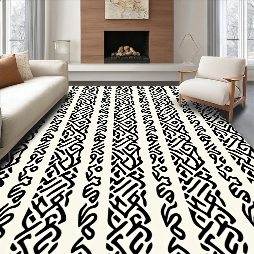 Intricate Black White Striped Pattern Rug