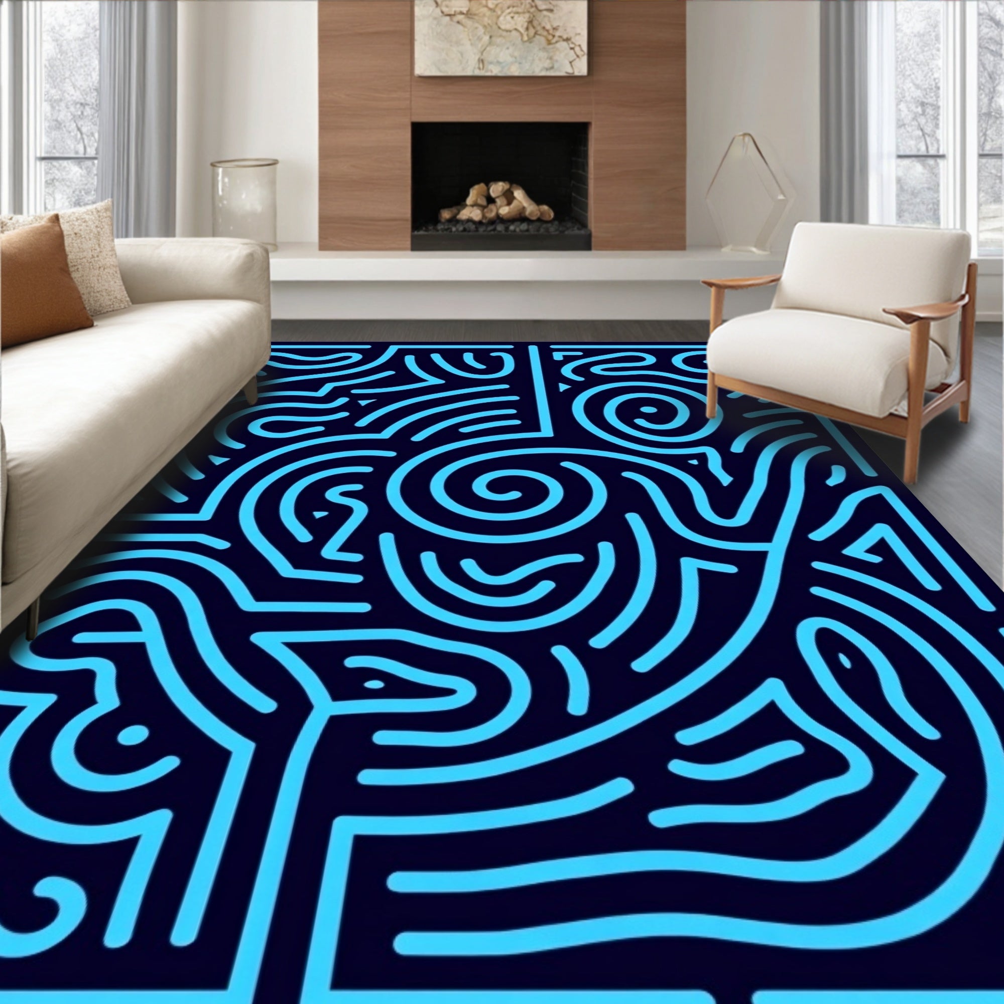 Abstract Blue Maze Pattern Rug