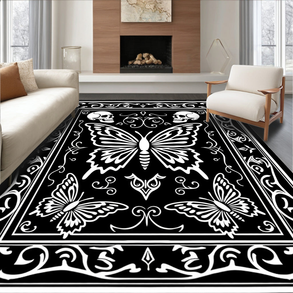 Gothic Black White Butterfly Skull Border Rug