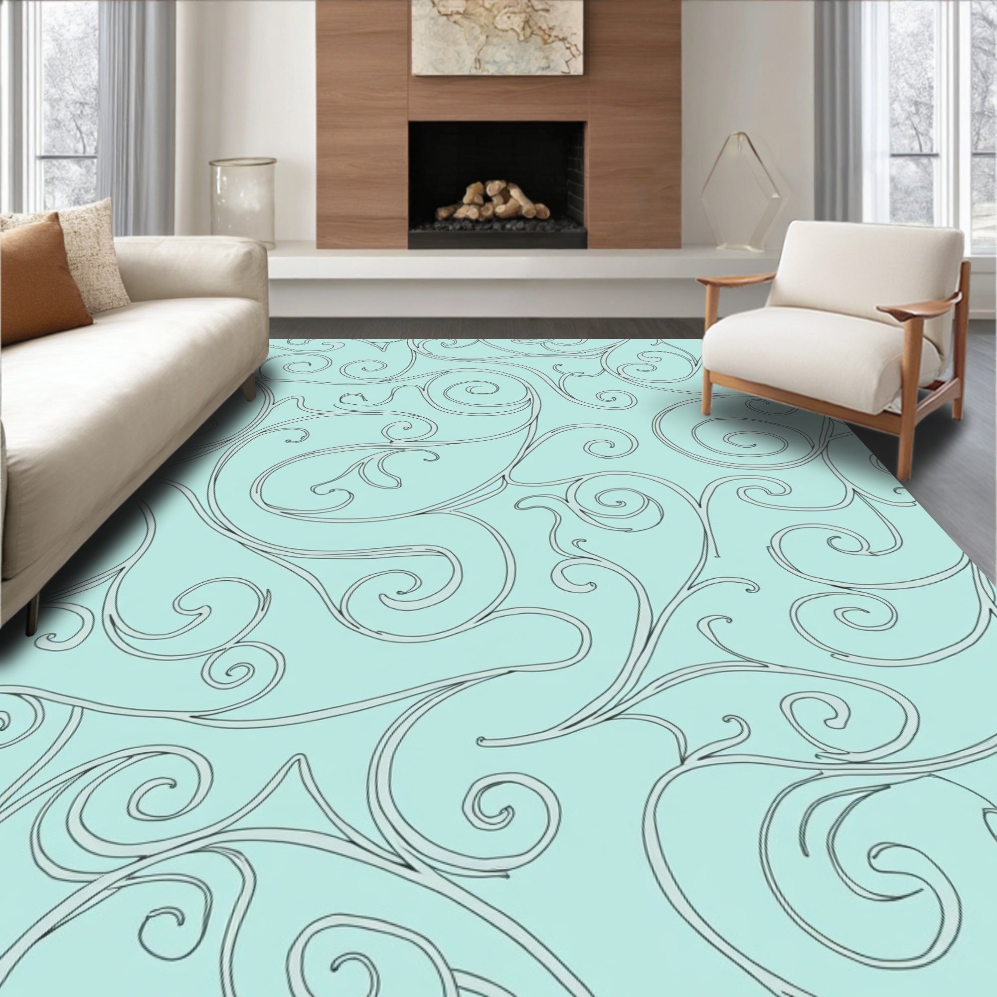 Aqua Swirl Elegant Scroll Pattern Rug