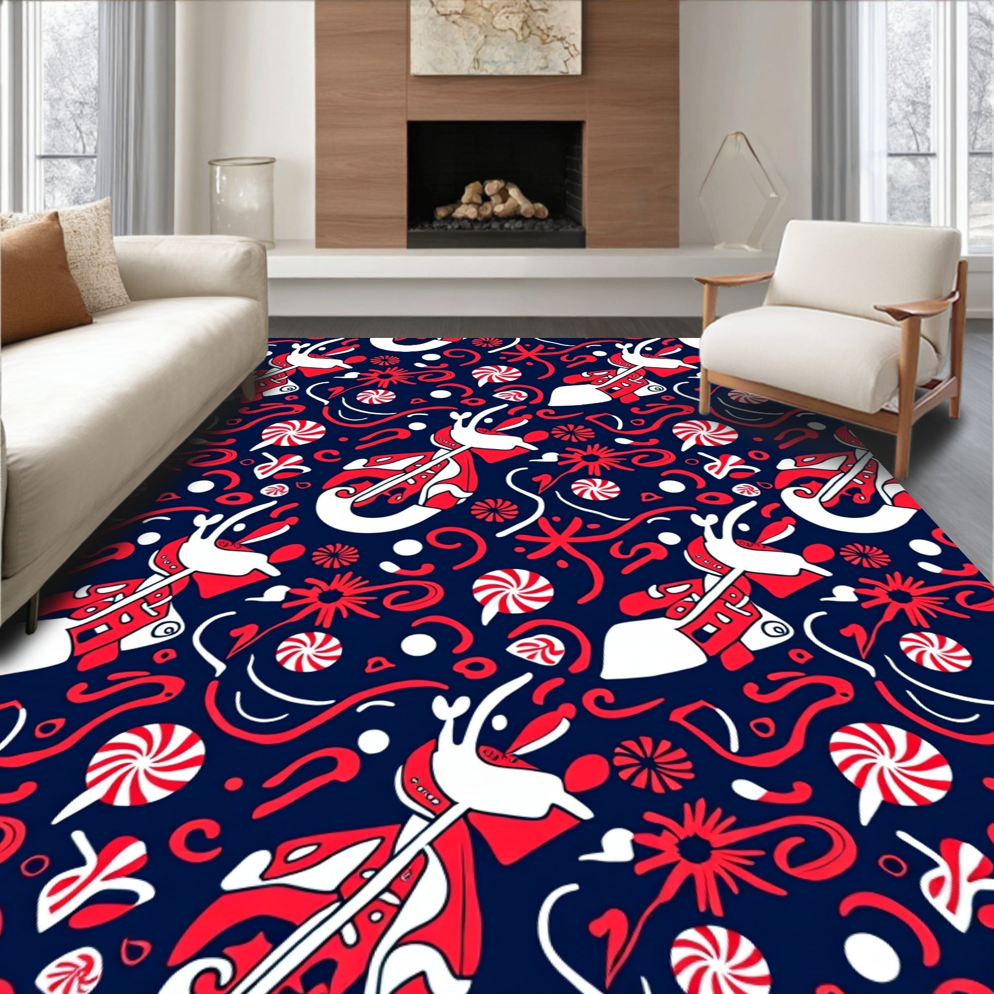 Whimsical Reindeer Candy Cane Swirls Rug