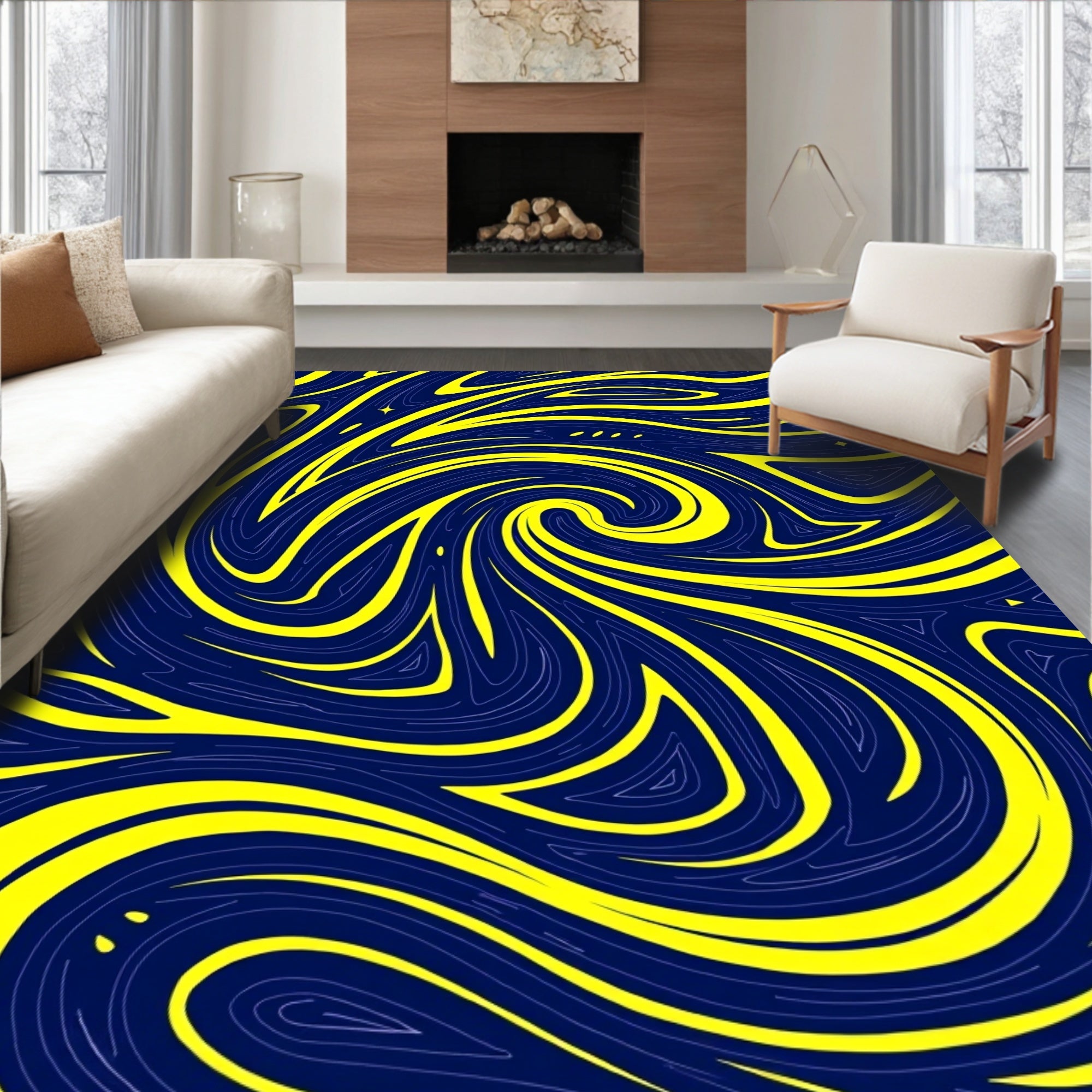 Energetic Swirls Yellow Blue Abstract Pattern Rug