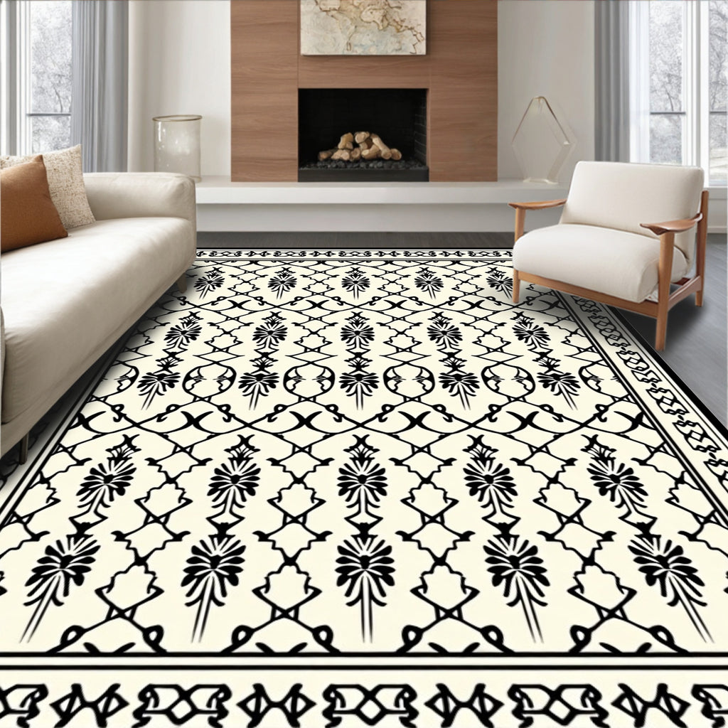 Elegant Black Floral Lattice Pattern Rug