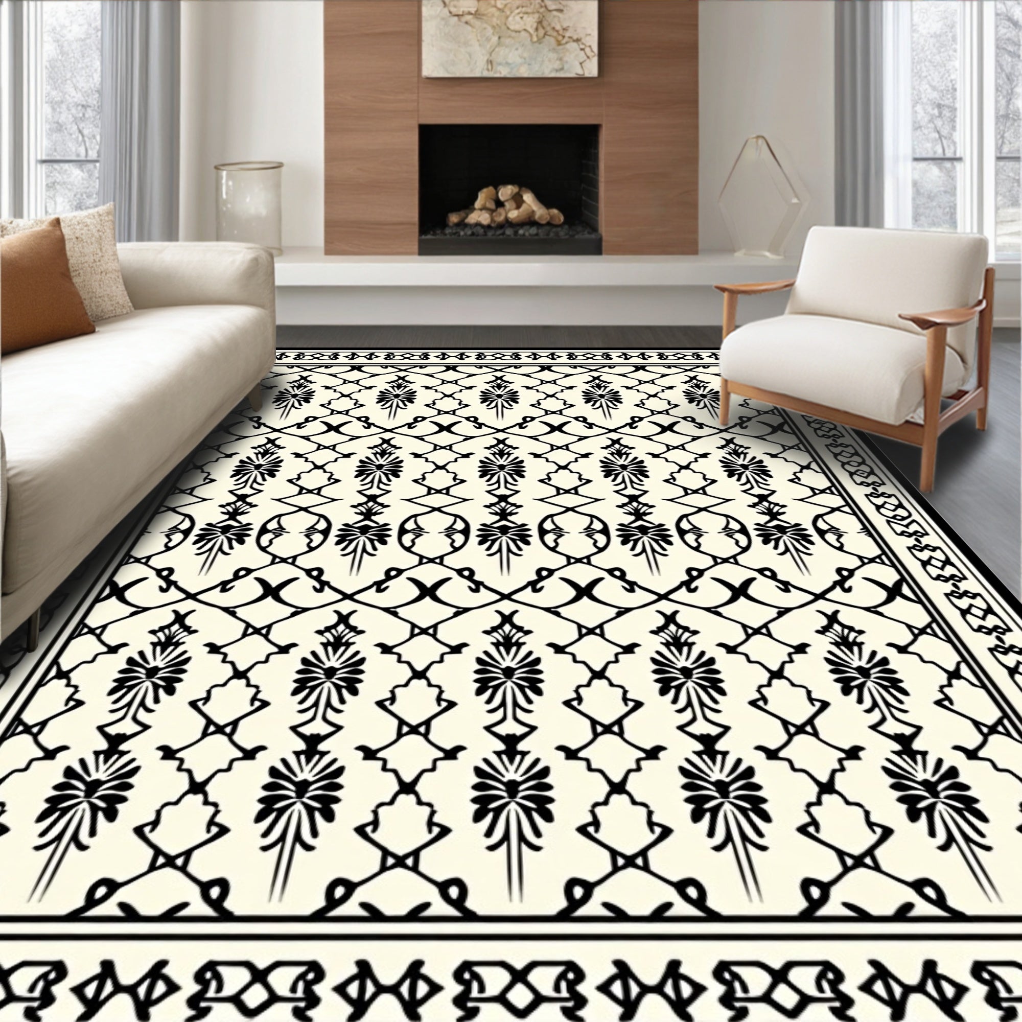 Elegant Black Floral Lattice Pattern Rug
