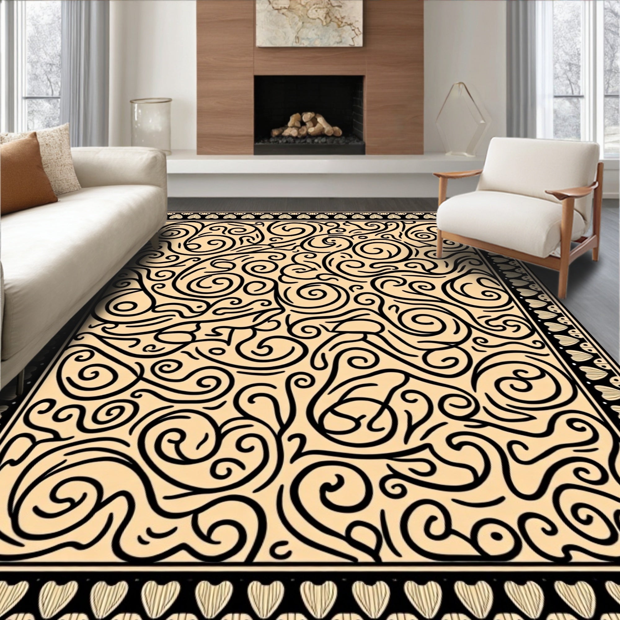 Intricate Swirls Black and Beige Rug