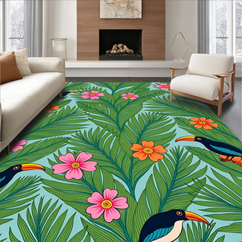 Tropical Toucan Floral Leaf Pattern Rug