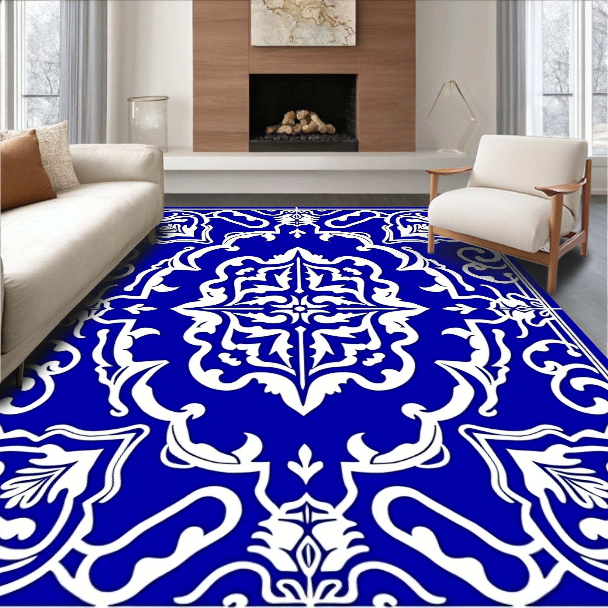 Intricate Cobalt Blue Floral Motif Rug