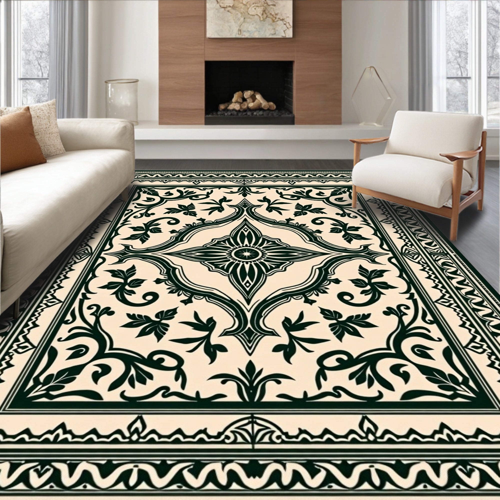 Classic Dark Floral Scrollwork Pattern Rug