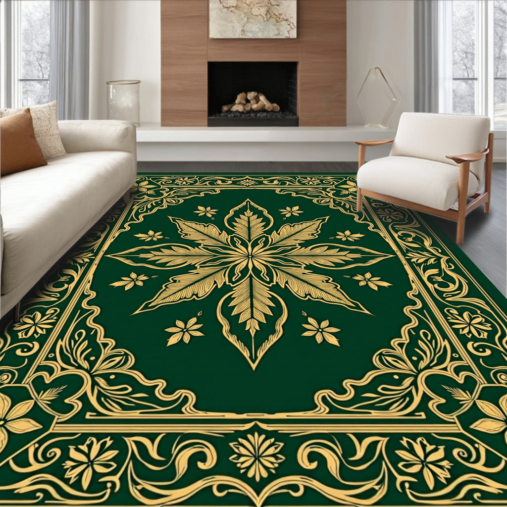Emerald Golden Leaf Scroll Border Rug